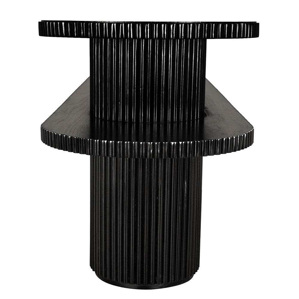 Black oval console table with fluted detailing