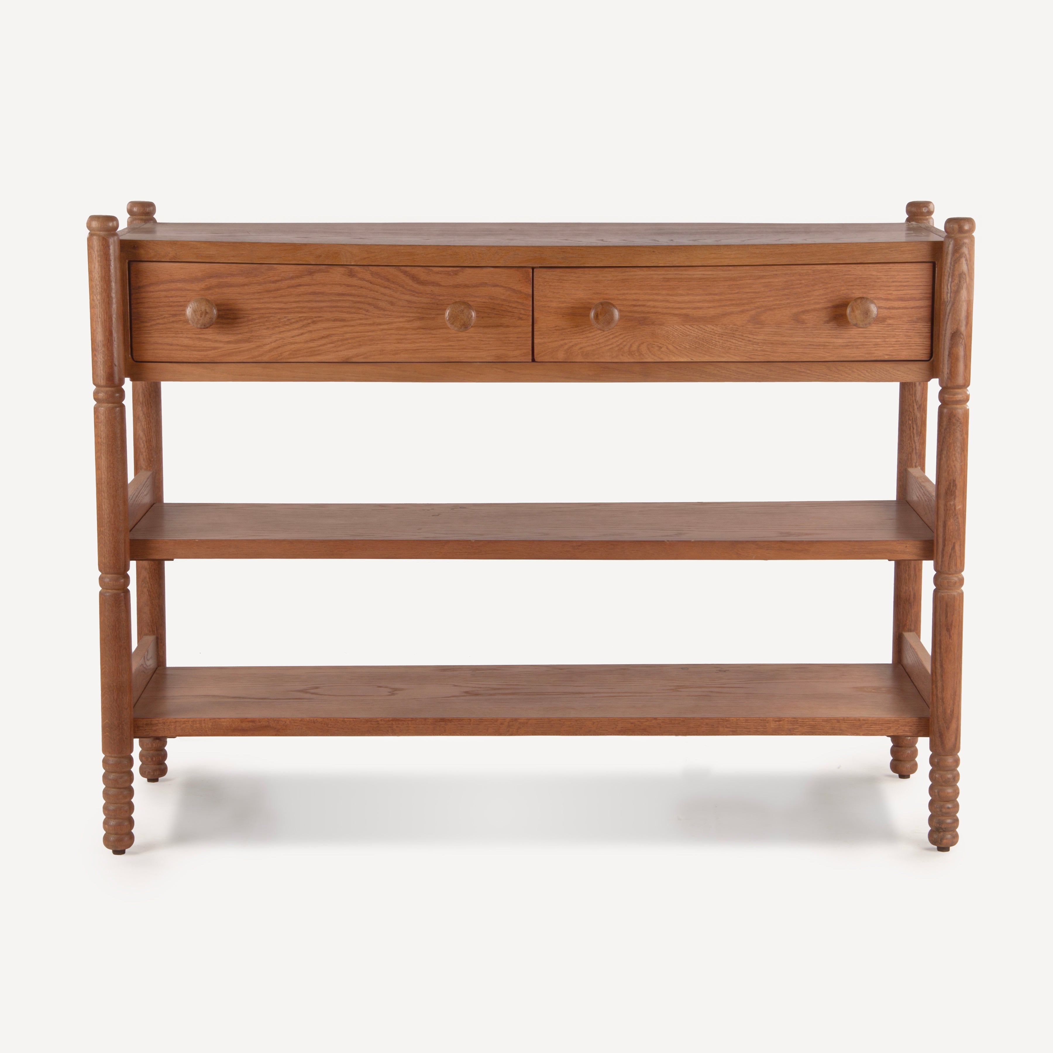 A mid-century modern wooden console table with two drawers, two open shelves, and turned spindle legs, shown against a plain white background.