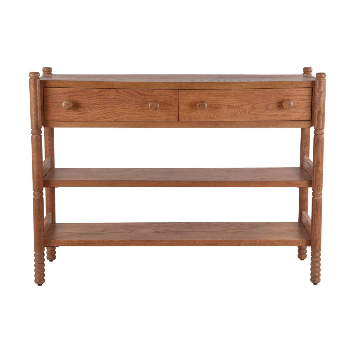 A mid-century modern wooden console table with two drawers, two open shelves, and turned spindle legs, shown against a plain white background.