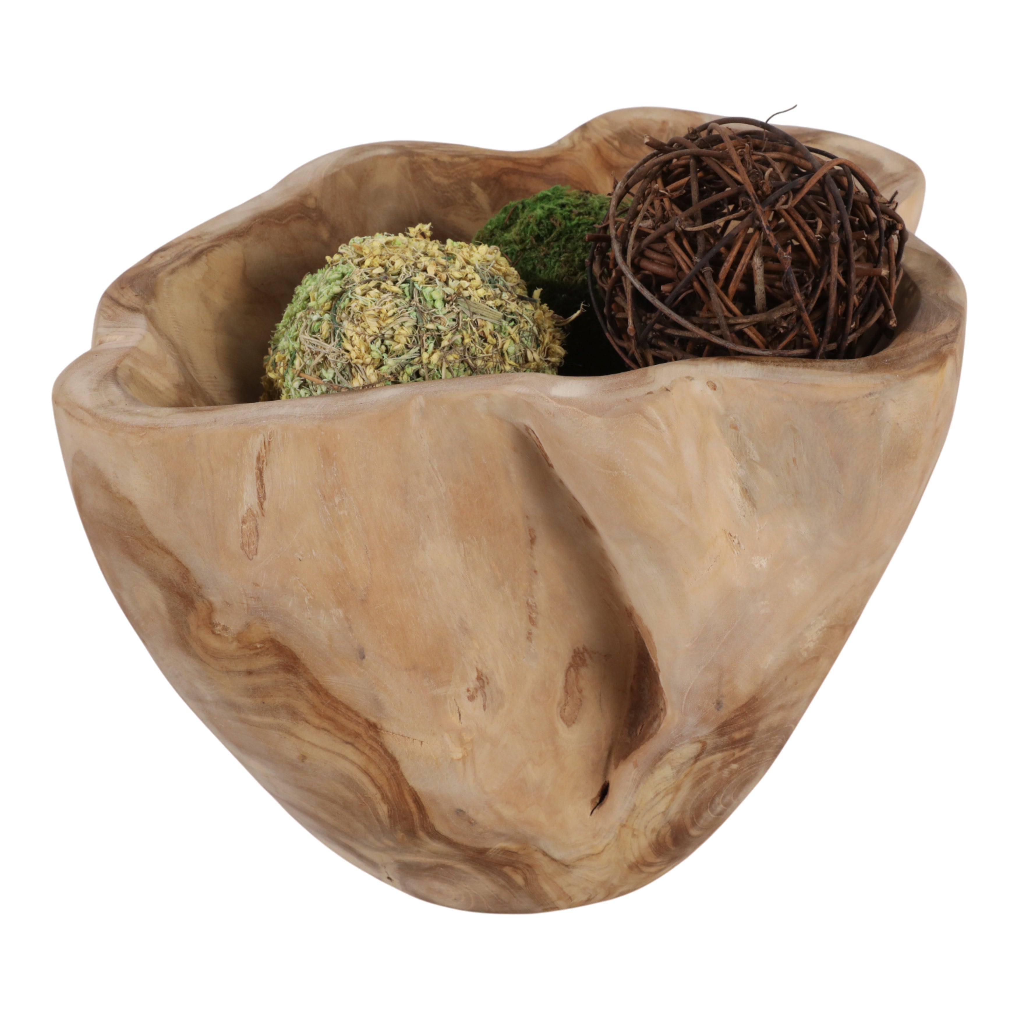 Wooden bowl with decorative elements on a white background