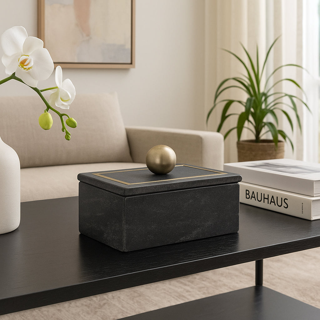 Marble Rectangular Box with Black Knob