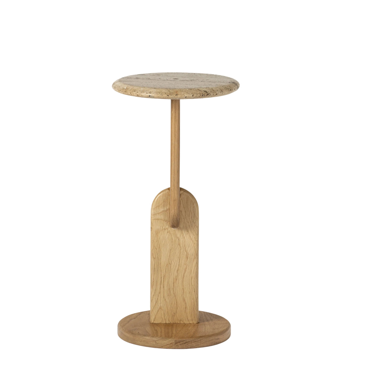 A modern side table with a circular stone top, a single wooden pedestal stem, and a round wooden base, shown on a clean white background.