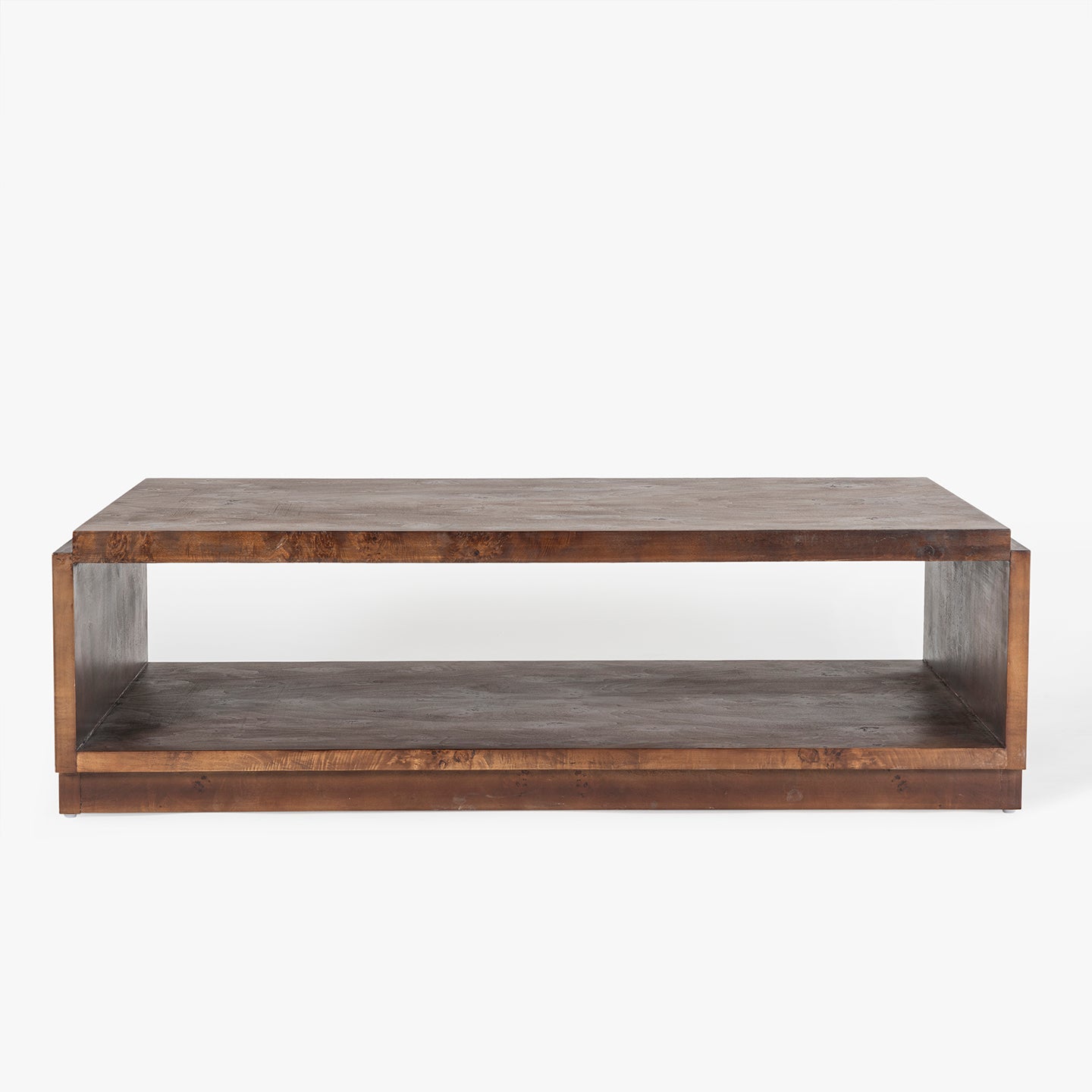 Wooden coffee table with a rustic burl finish on a white background
