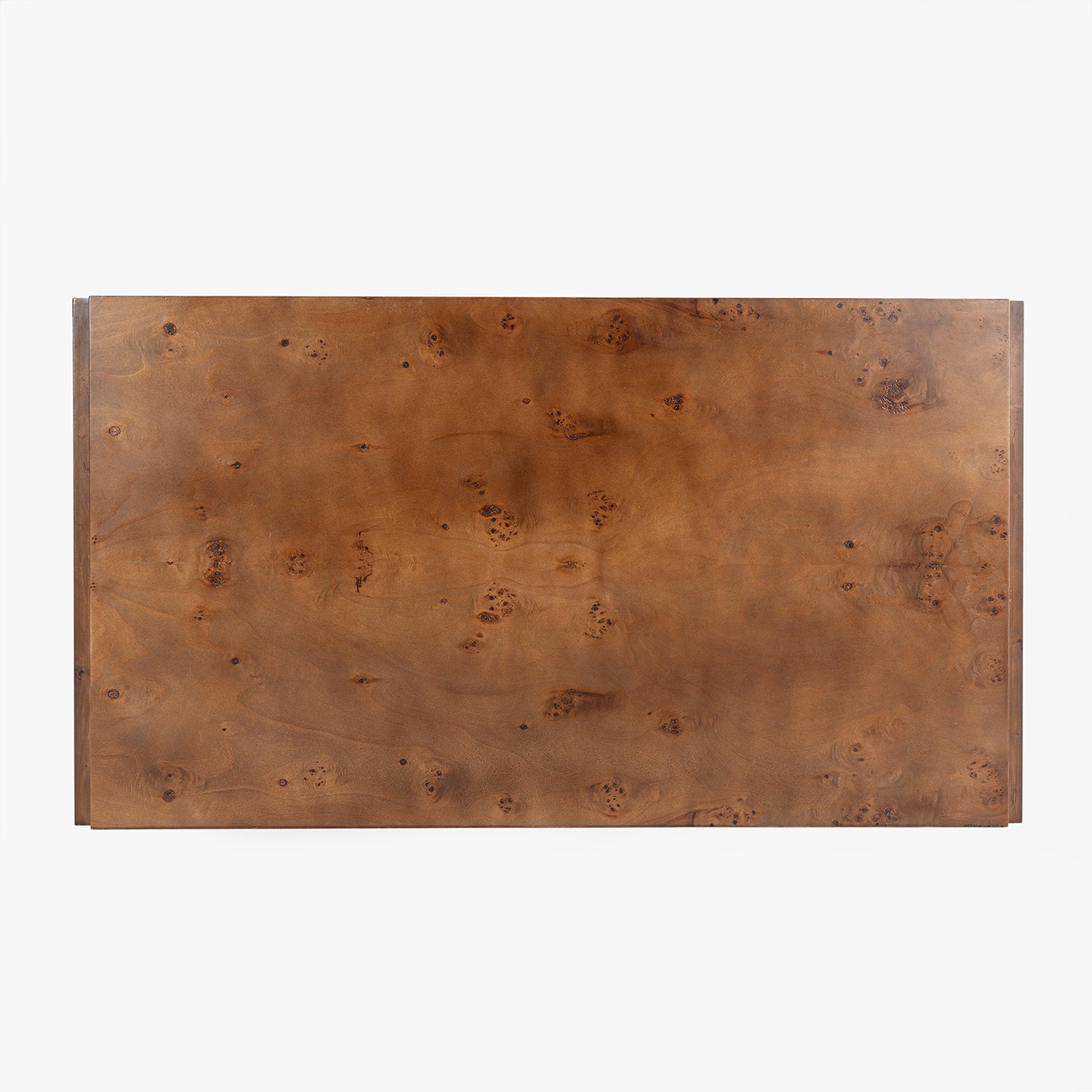 Brown wooden burl coffee table with natural grain and texture on a white background