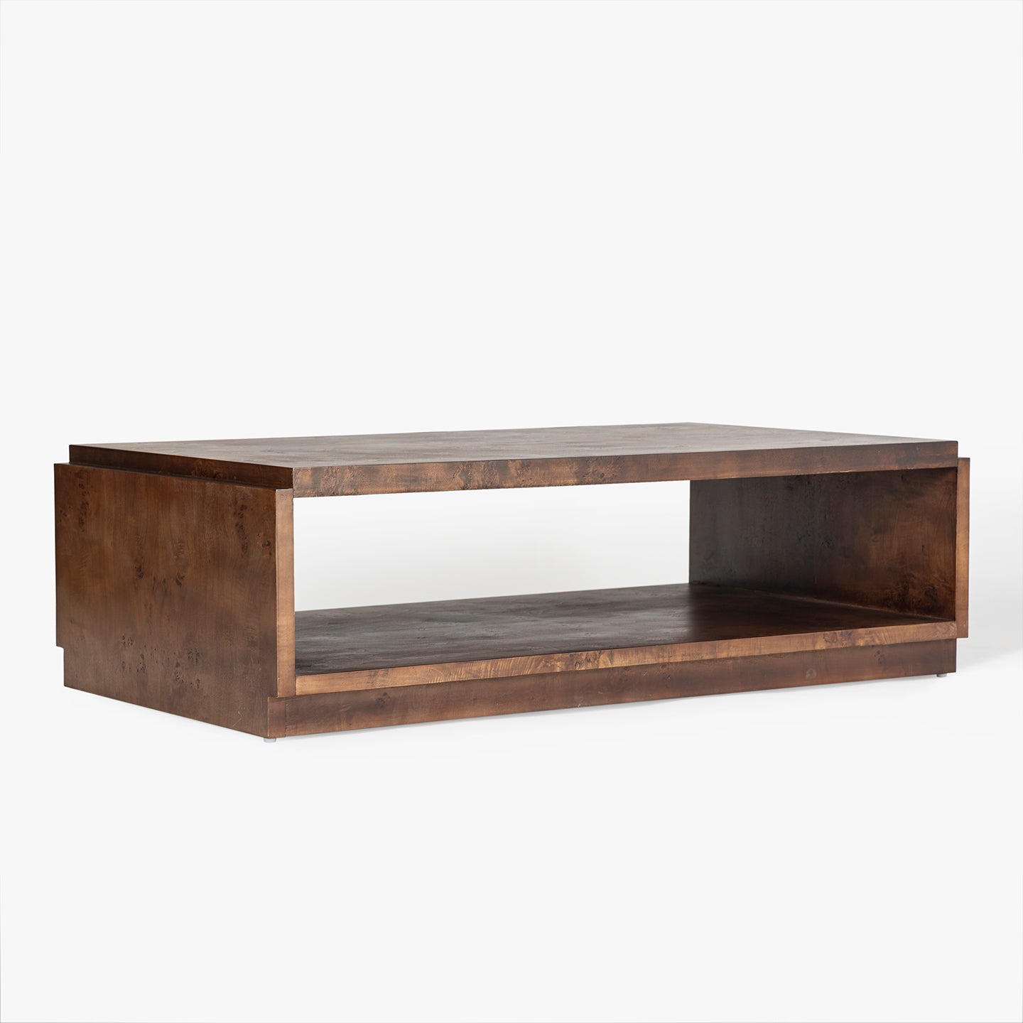 Wooden coffee table with a dark brown finish on a white background