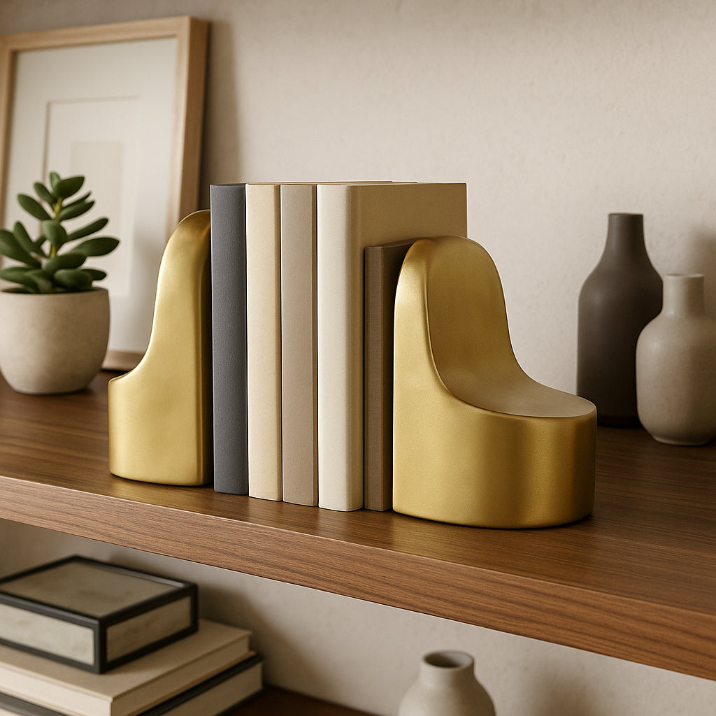 Decorative bookends on a wooden shelf with books and vases.