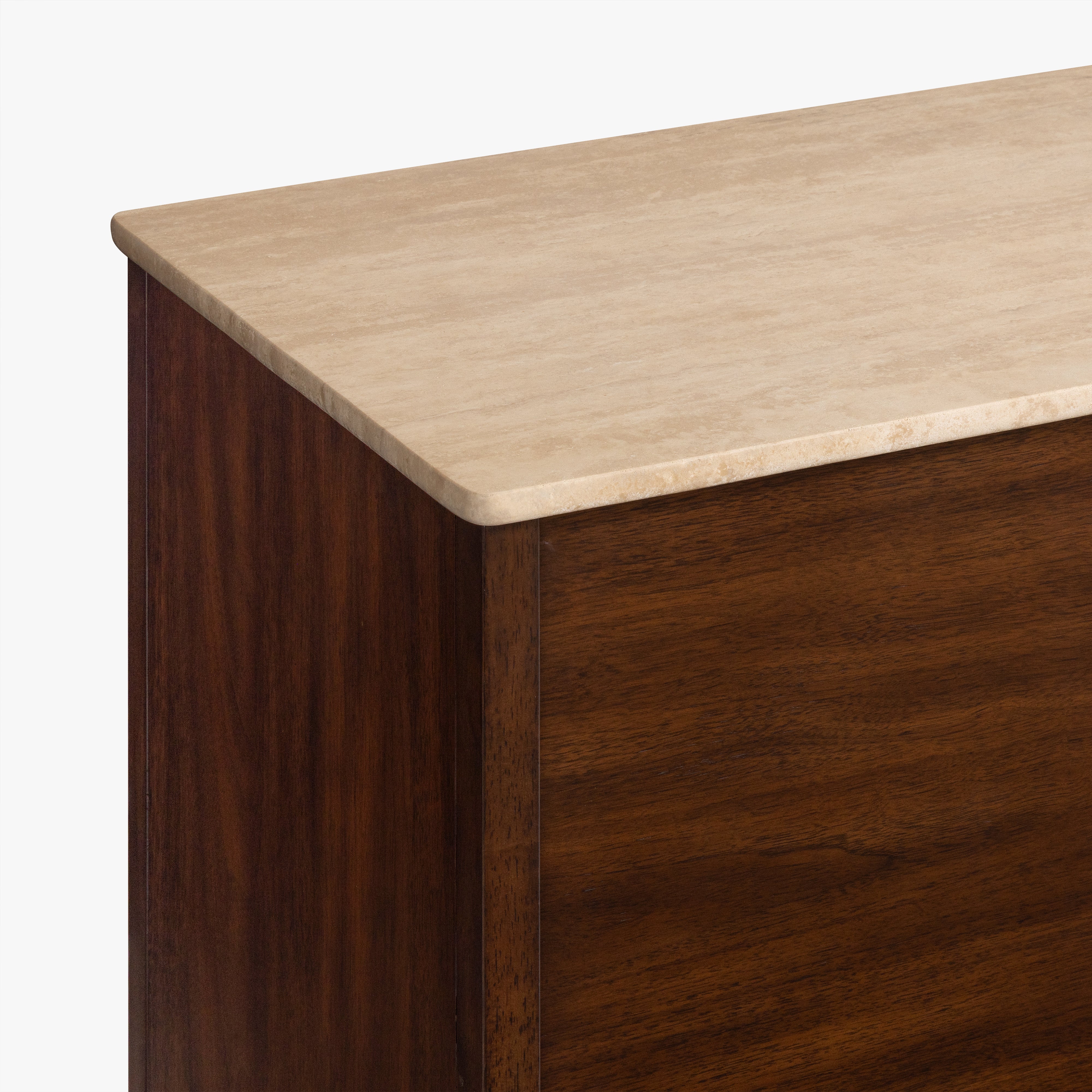 Wooden desk with a beige top on a white background