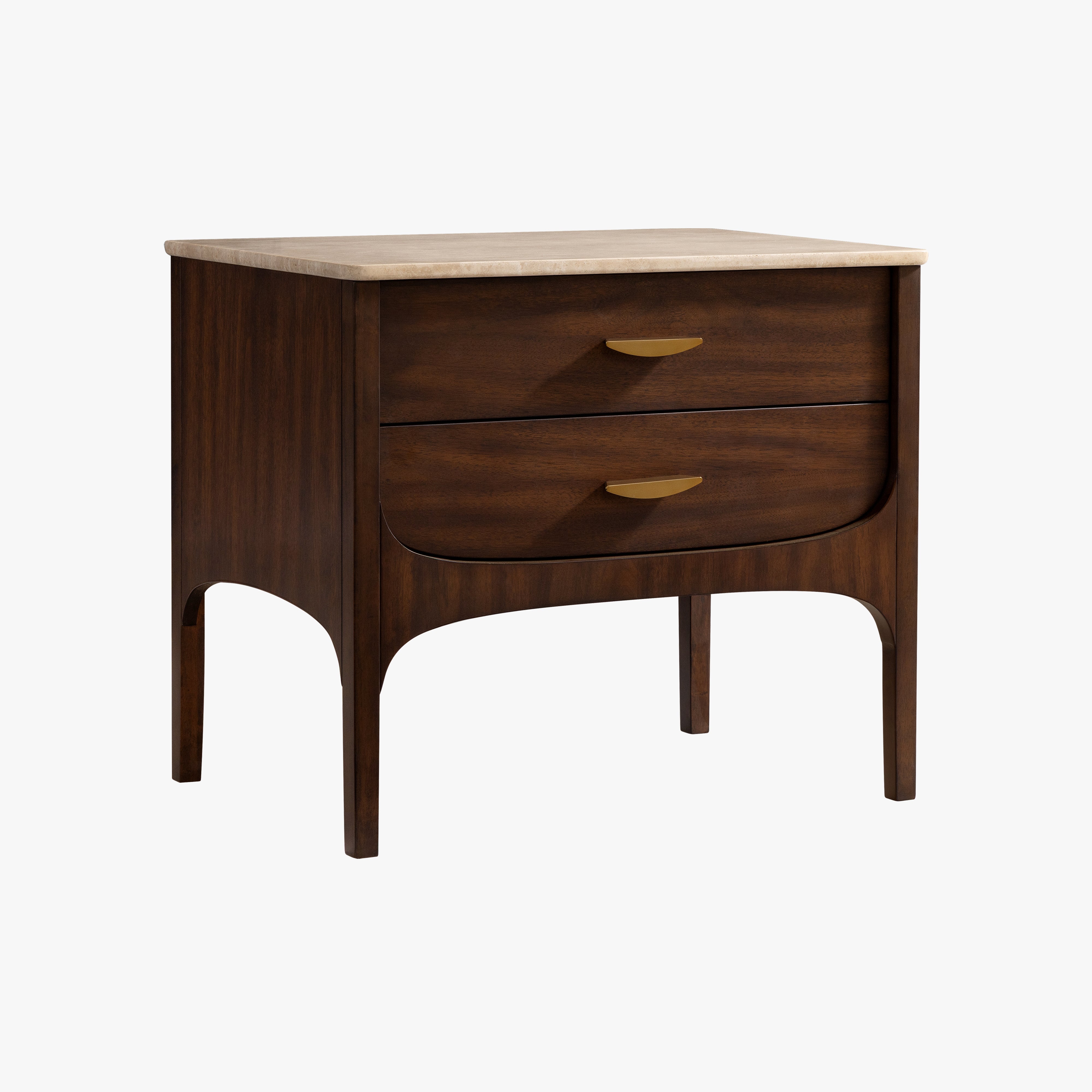 Wooden nightstand with two drawers on a white background