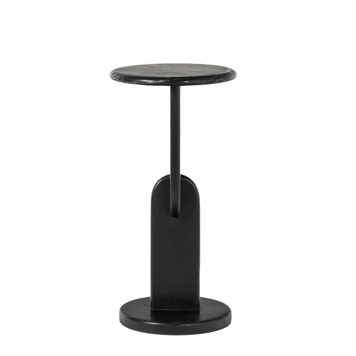 A modern black metal side table with a circular top, a single central support stem, and a round base, shown against a plain white background.