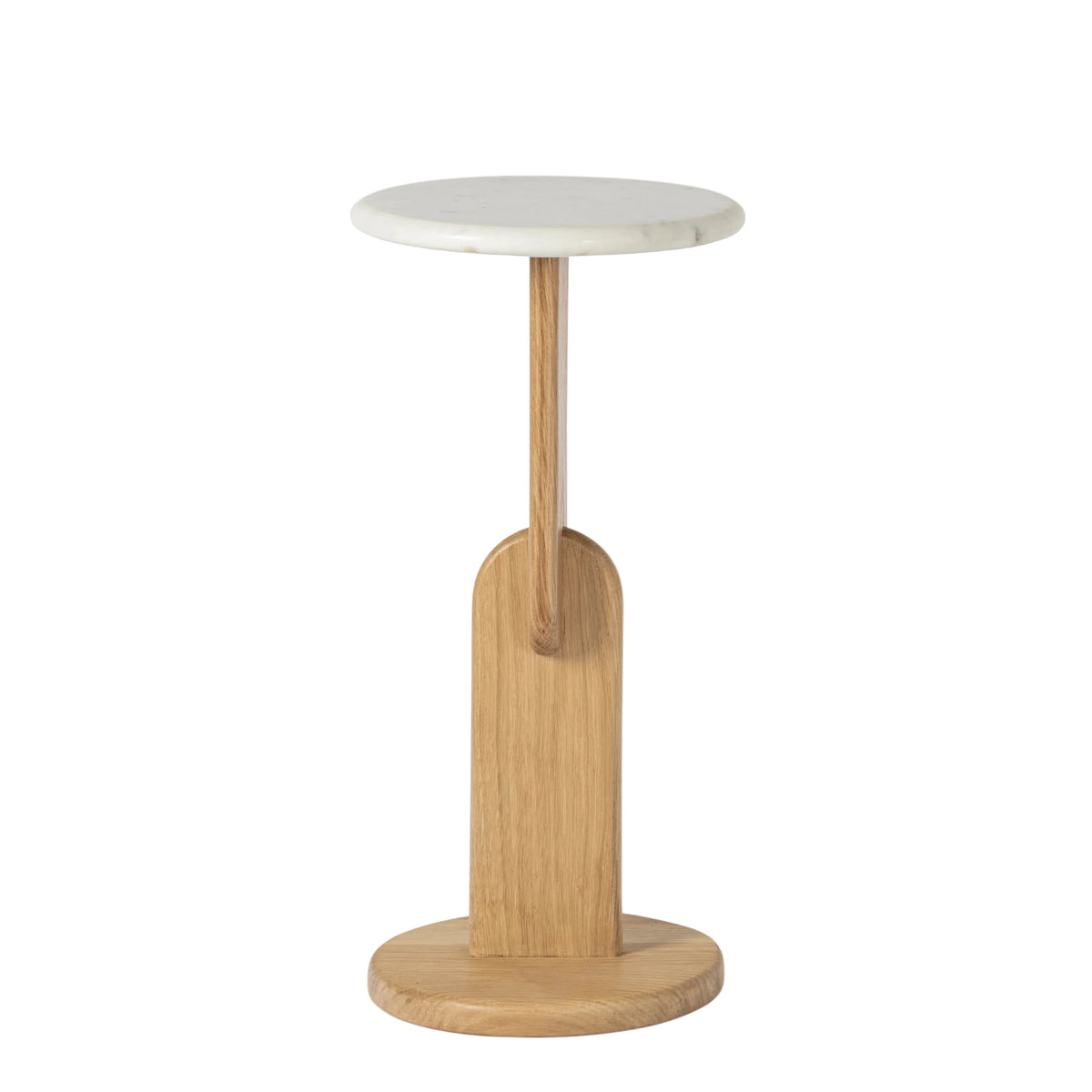 Small round table with a white top and wooden base on a white background