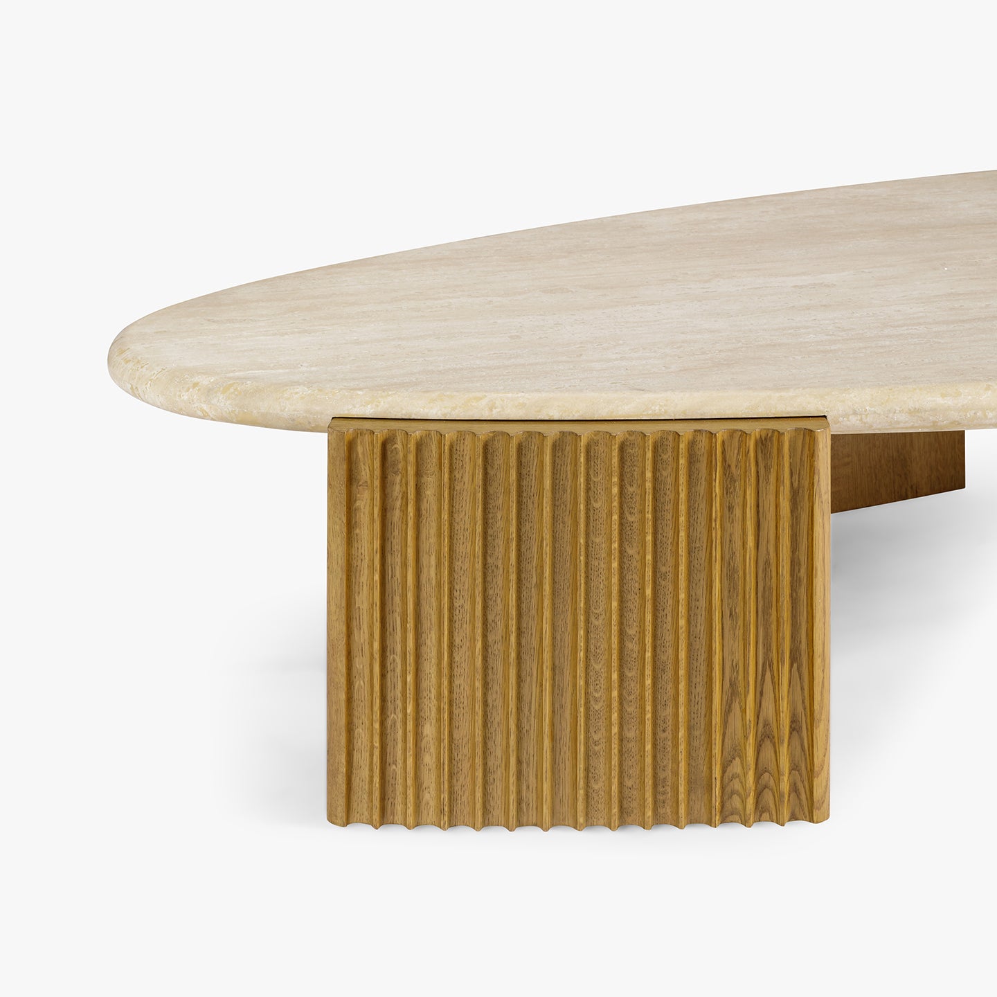 Wooden table with a textured base and travertine tabletop on a white background