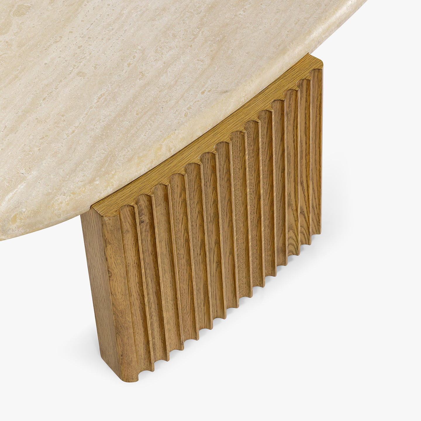 Close-up of a marble tabletop with a wooden base on a white background