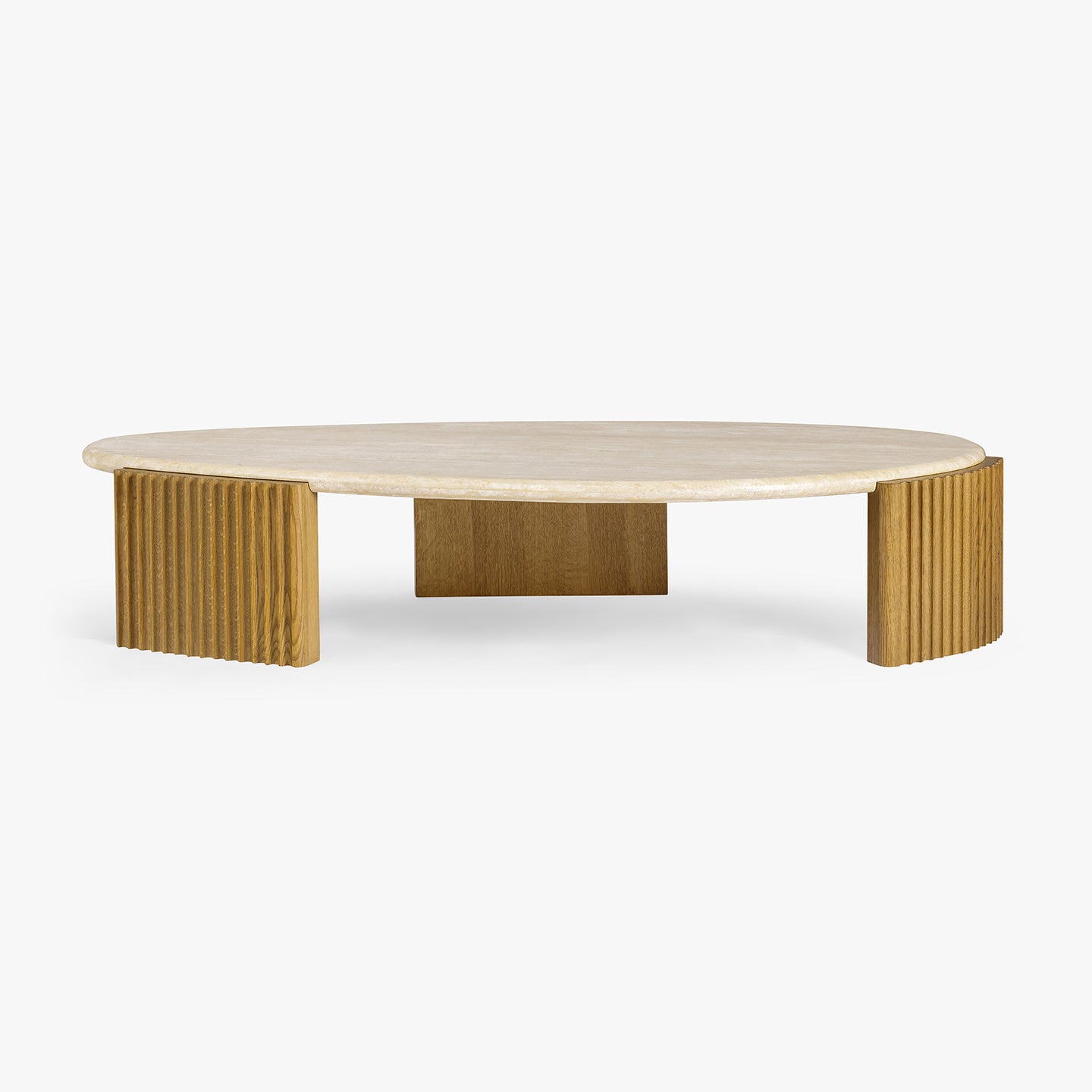 Oval wooden coffee table with ribbed legs on a white background