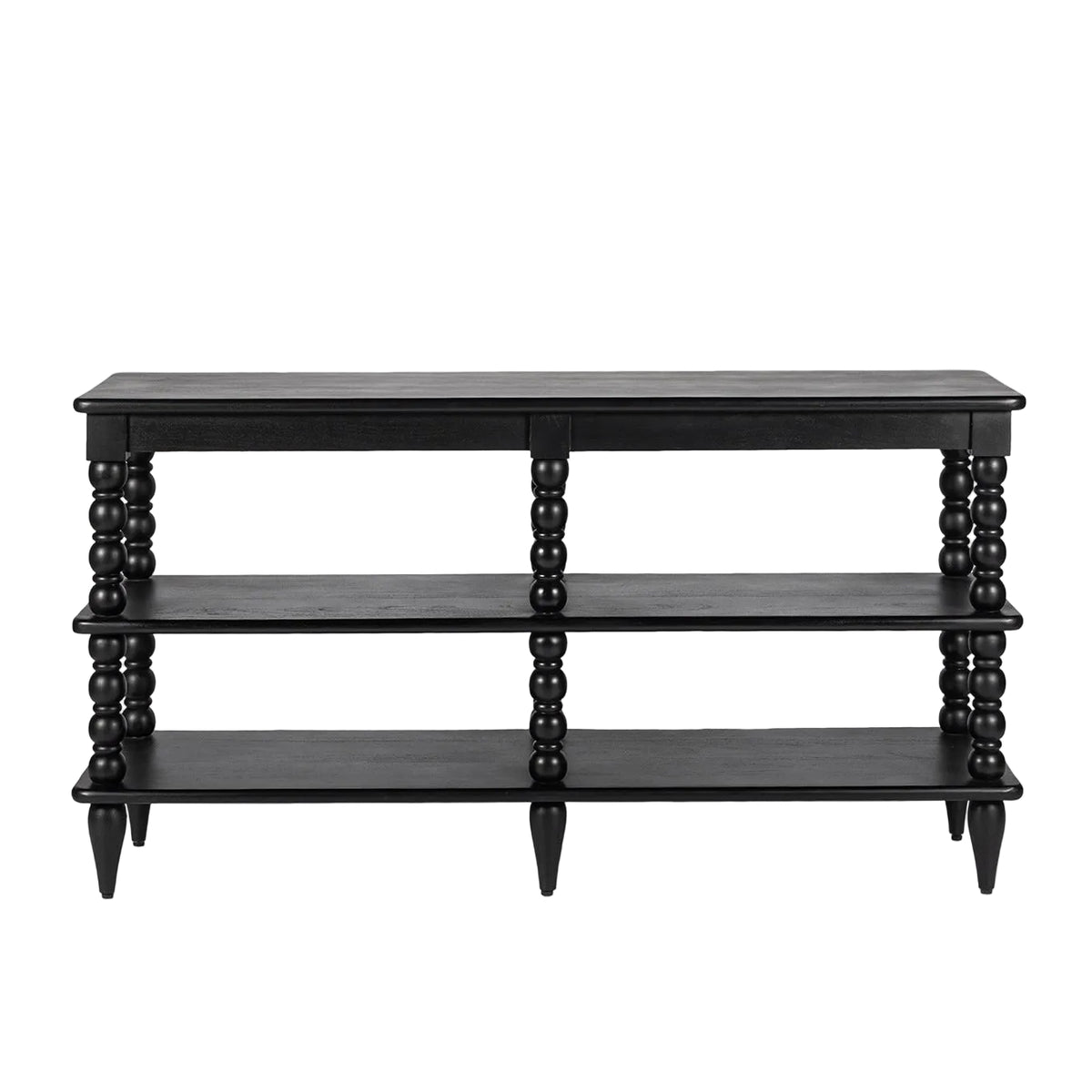 Black wooden console table bookcase with spiral legs on a white background