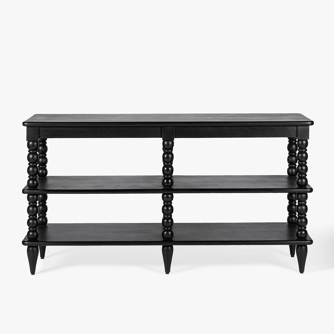 Black wooden console table bookcase with spiral legs on a white background