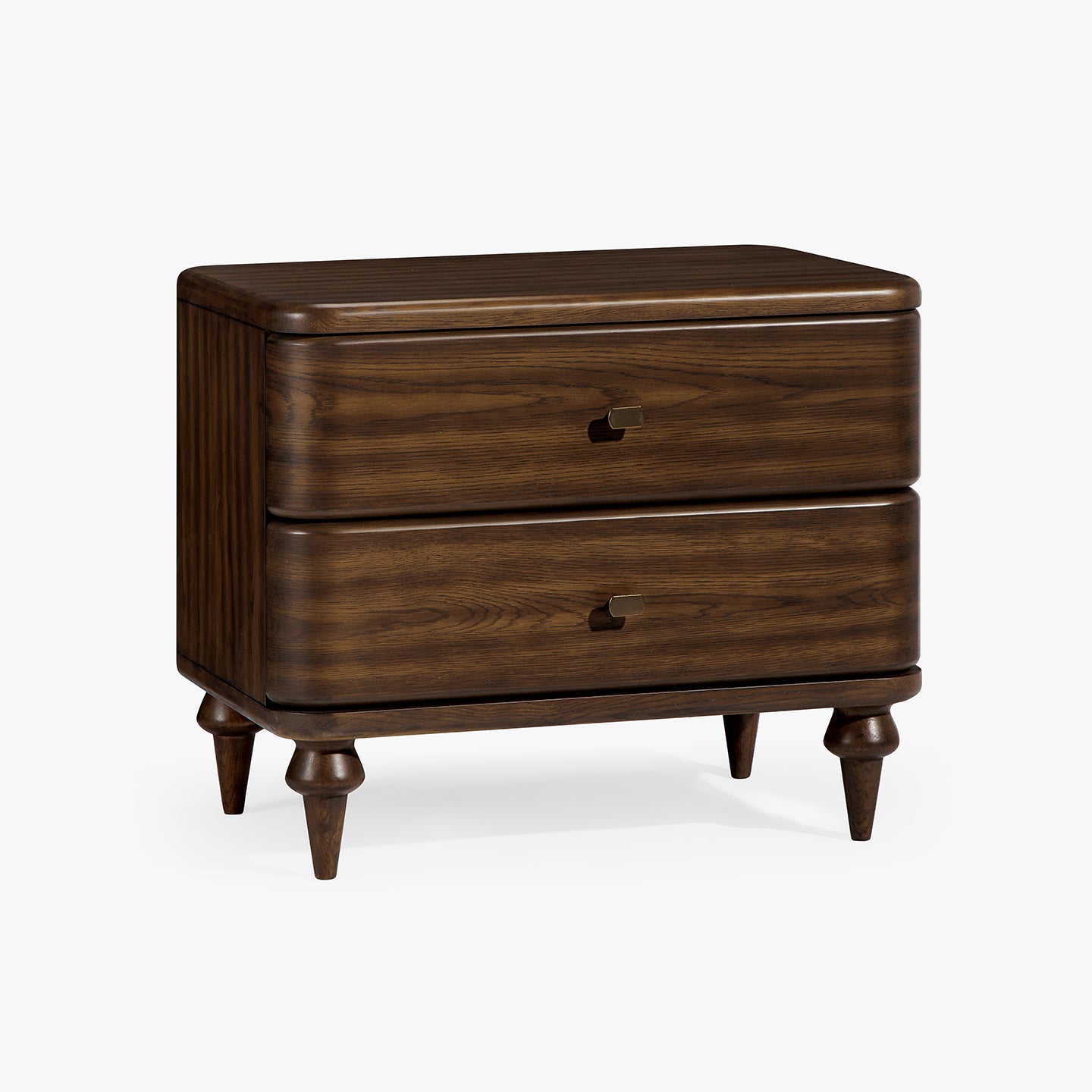 Wooden nightstand with two drawers on a white background