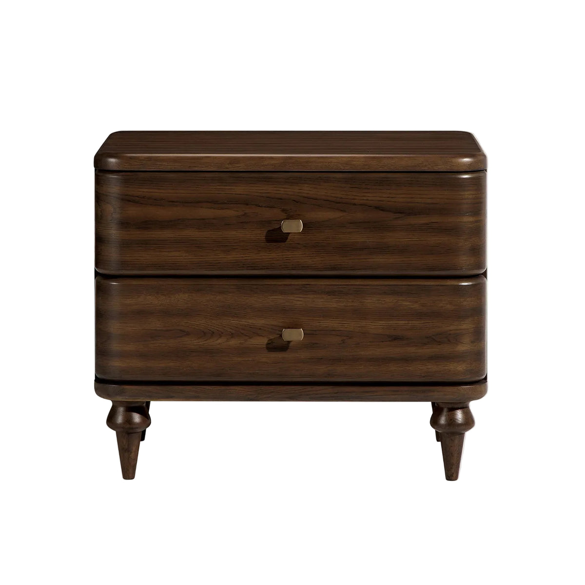 Wooden nightstand with two drawers on a white background
