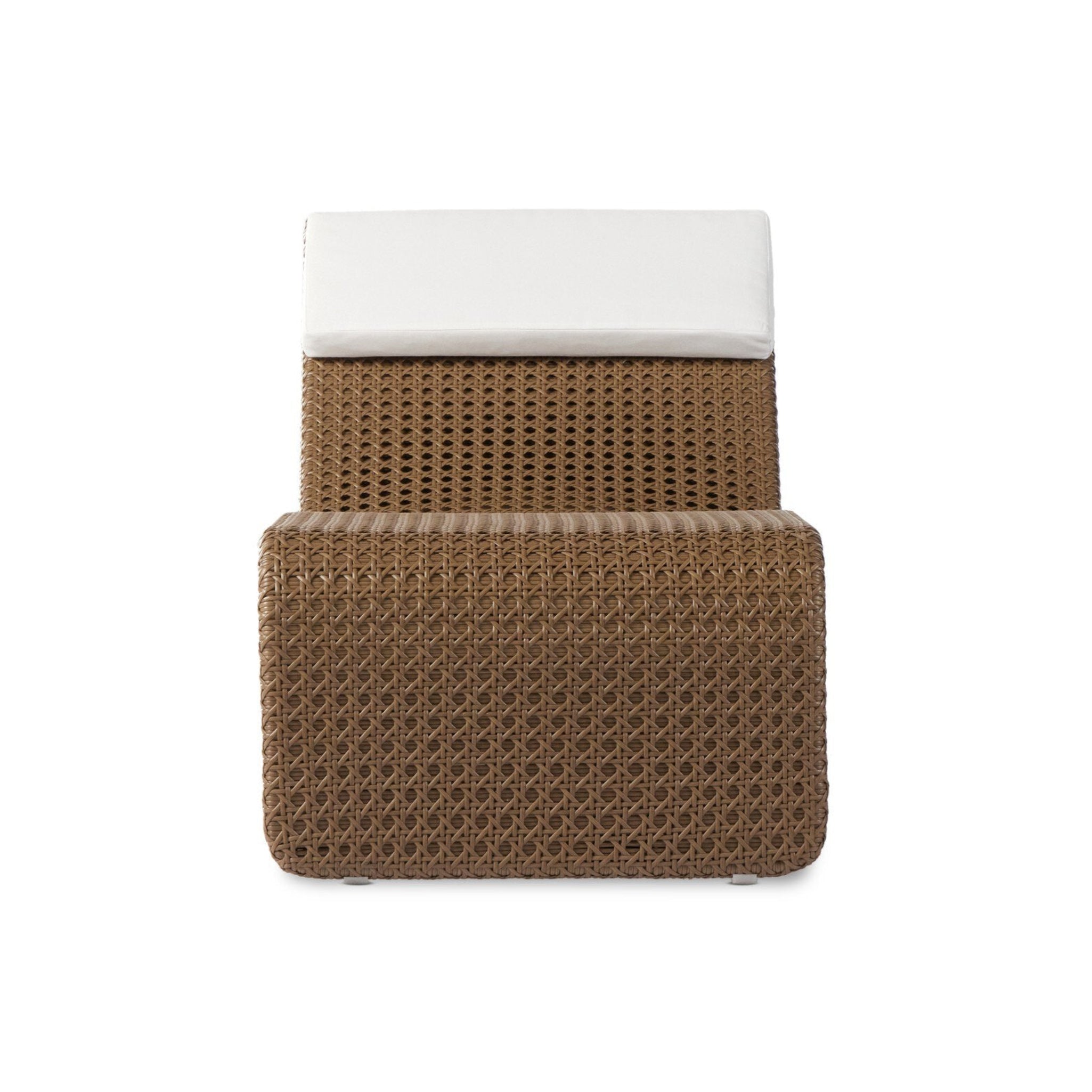Brown woven stool with a white top on a white background