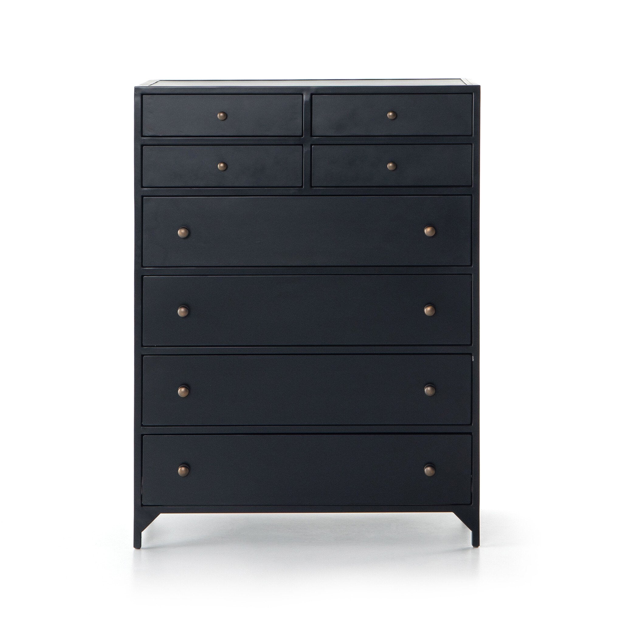 Black dresser with multiple drawers on a white background
