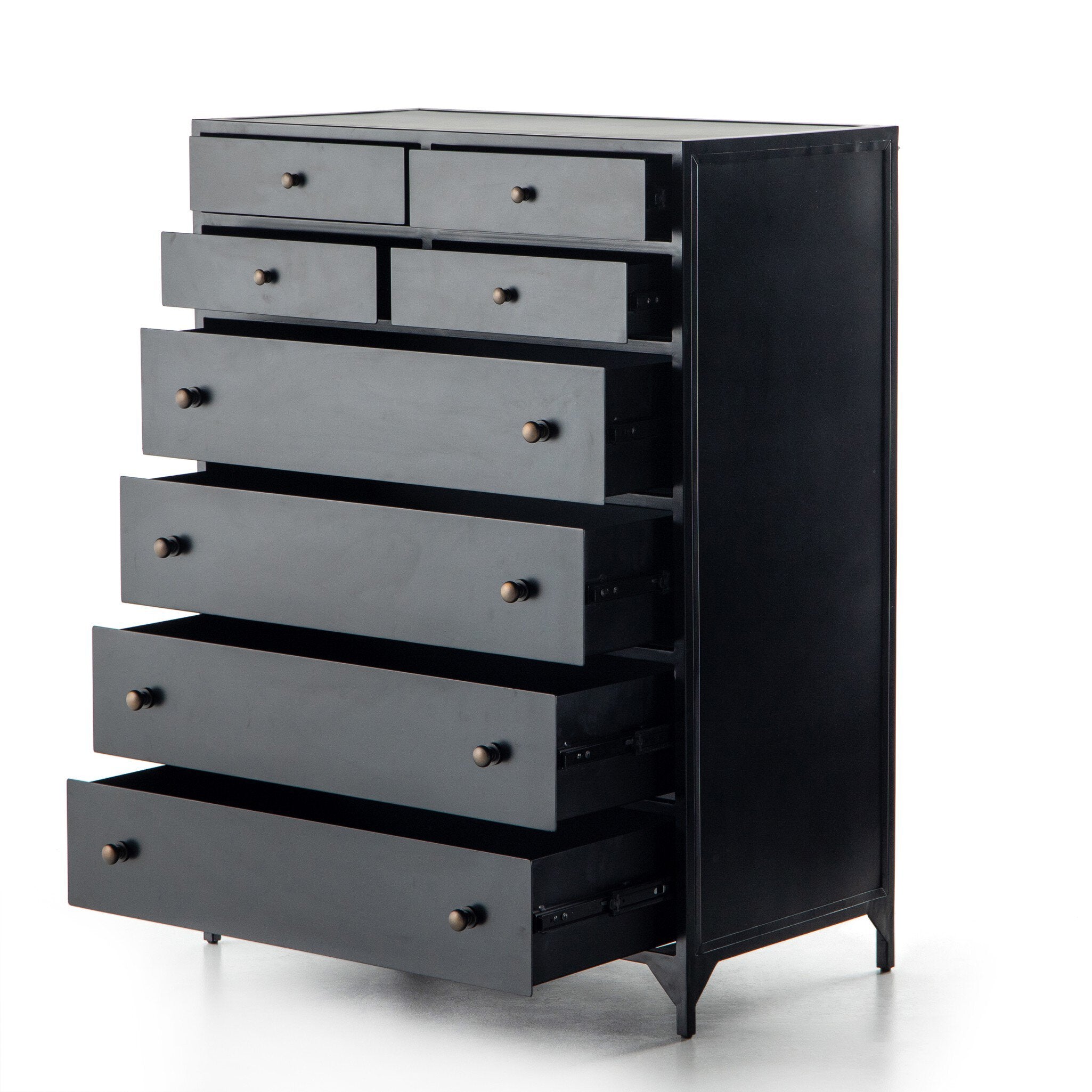 Black dresser with multiple drawers on a white background