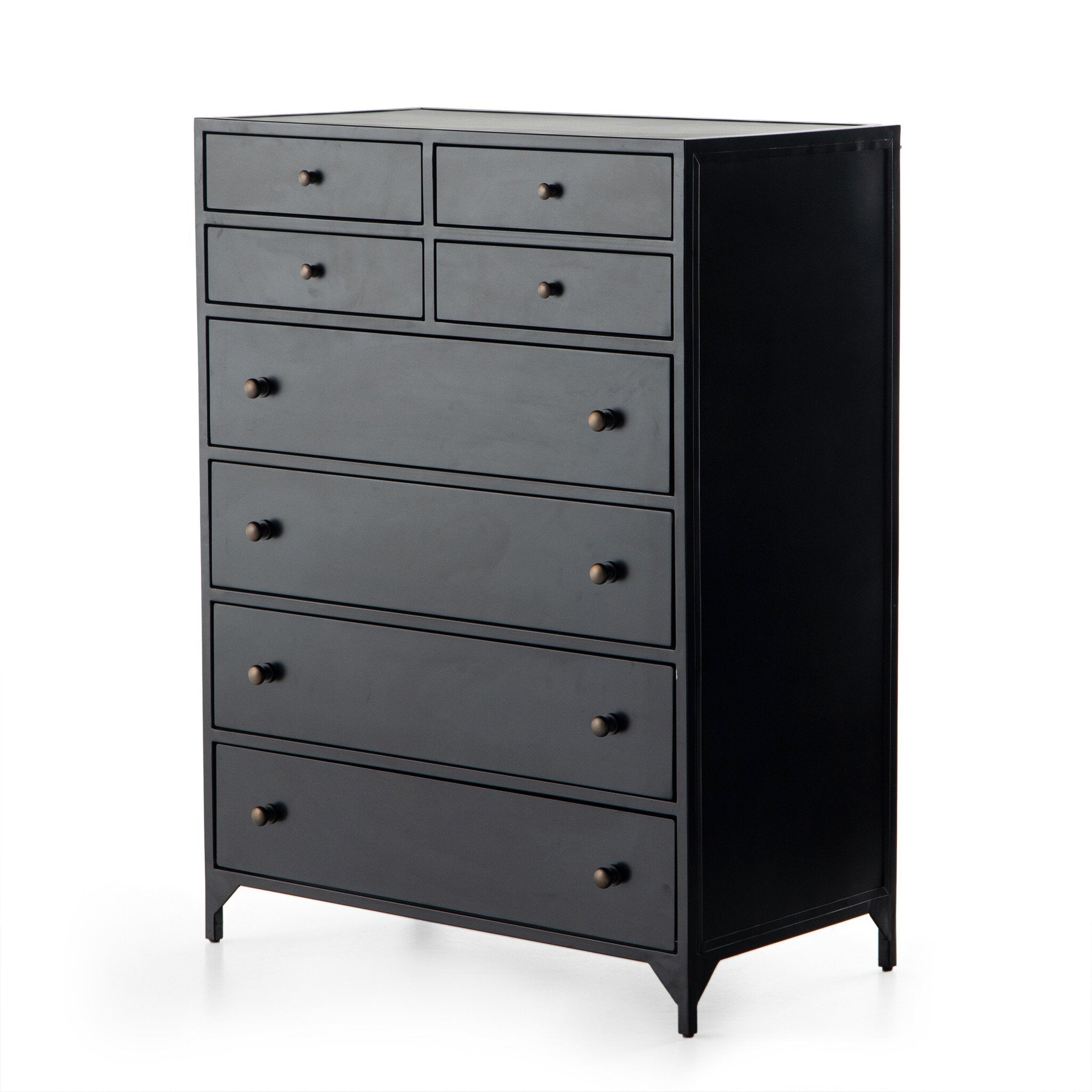 Black dresser with multiple drawers on a white background