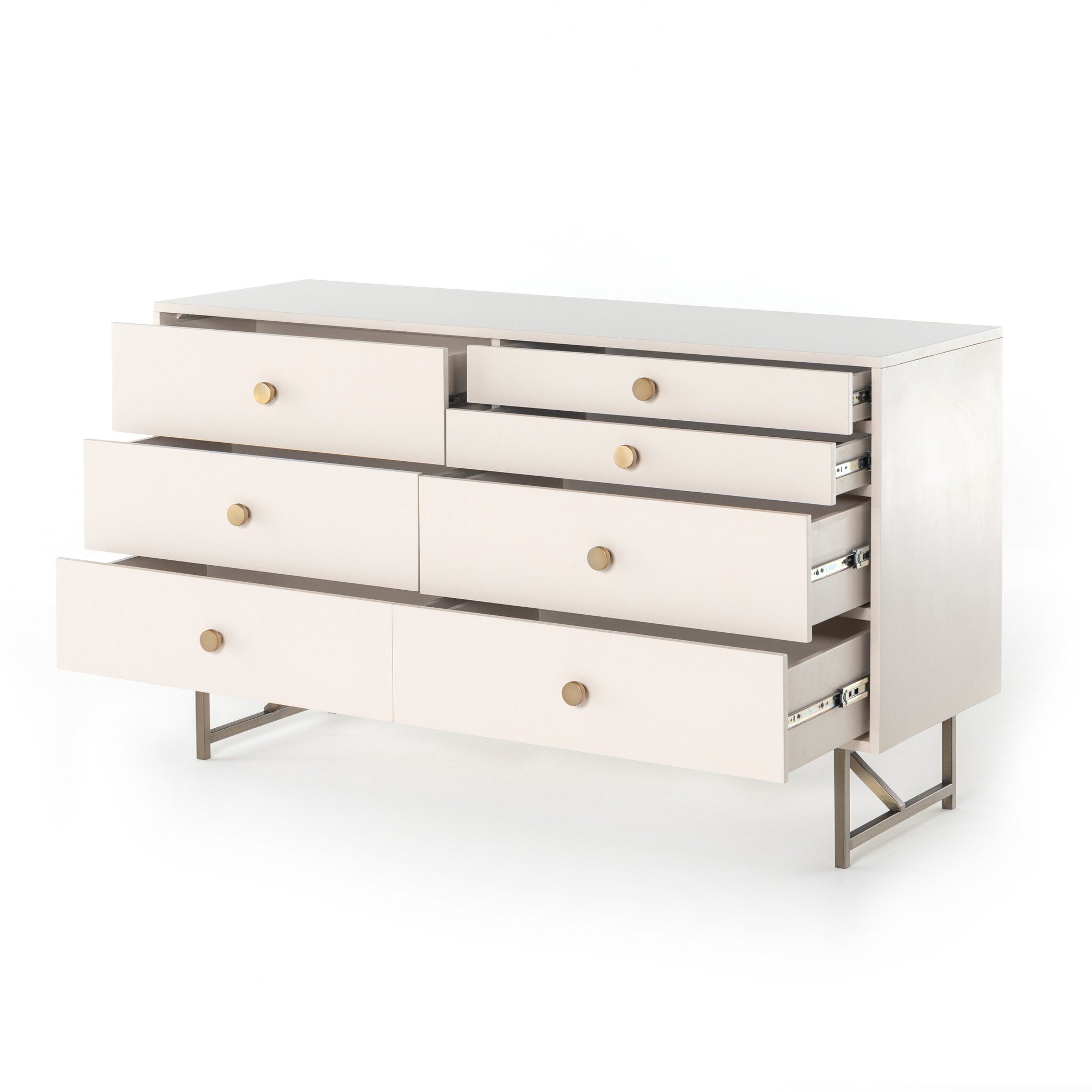 Engineered wood dresser in soft off-white with stainless steel base and brass accents