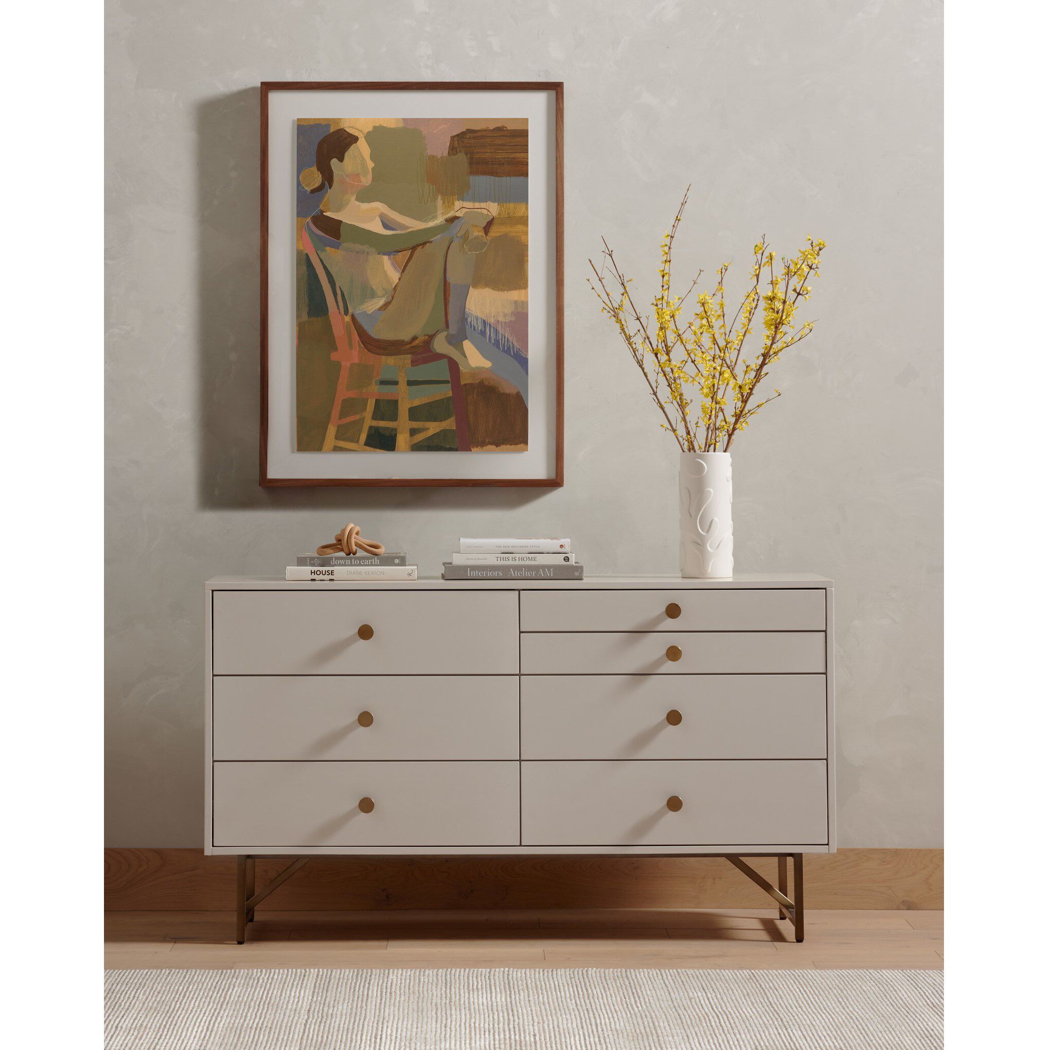 Contemporary hardwood dresser with spacious storage and brass-finished handles
