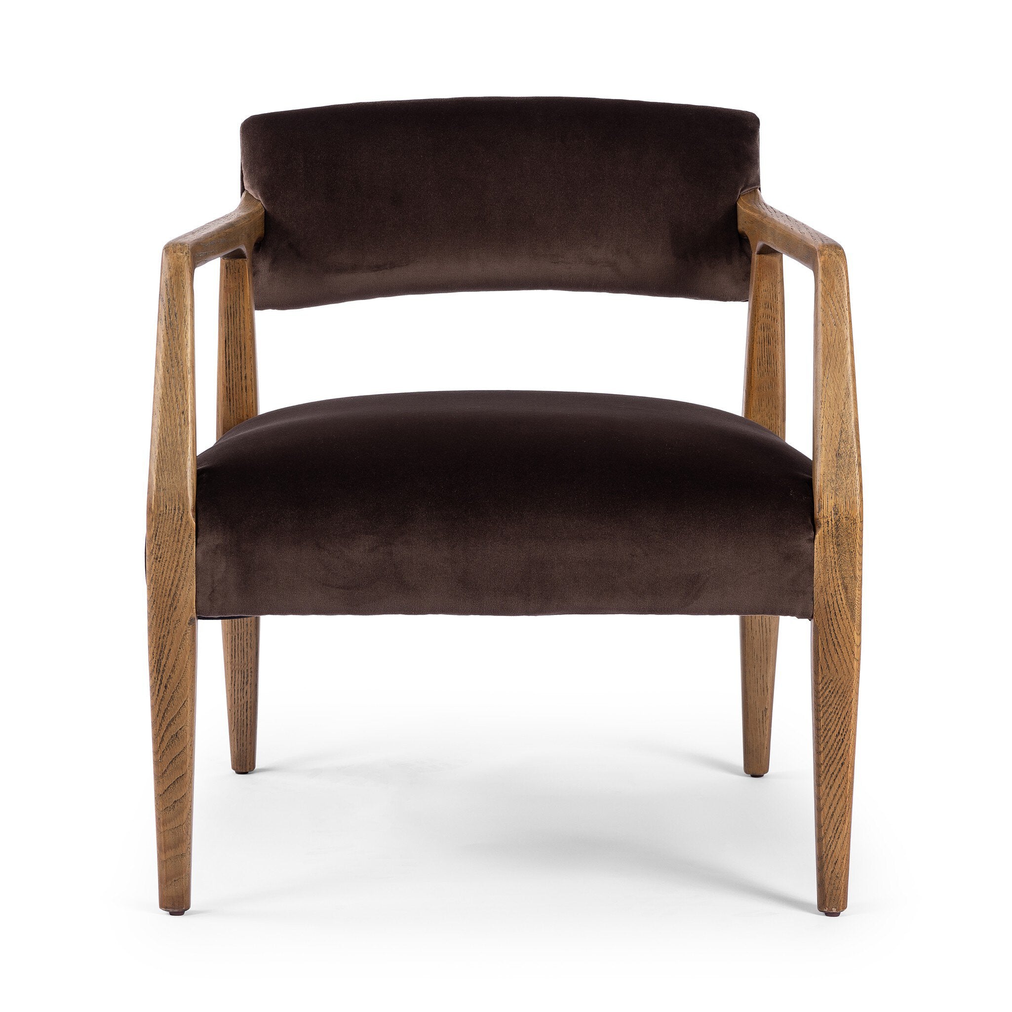 Brown upholstered chair with wooden frame on a white background