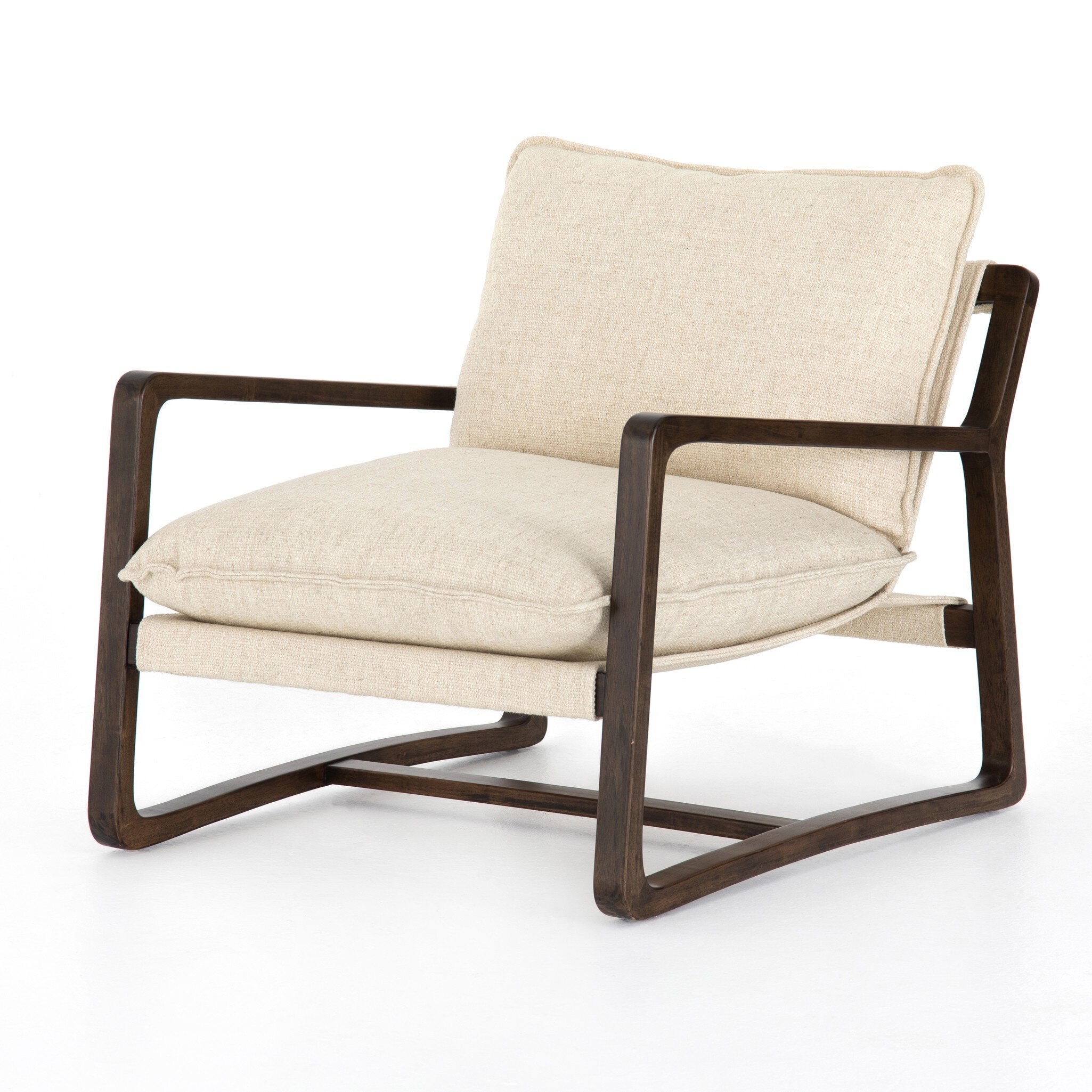 Beige armchair with wooden frame on a white background