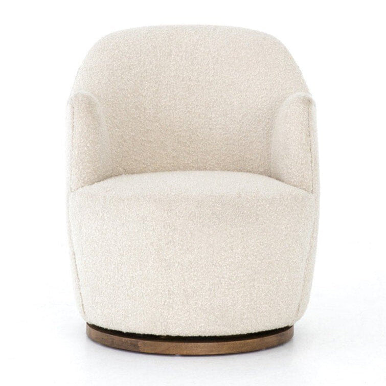 White swivel chair with wooden base on a white background