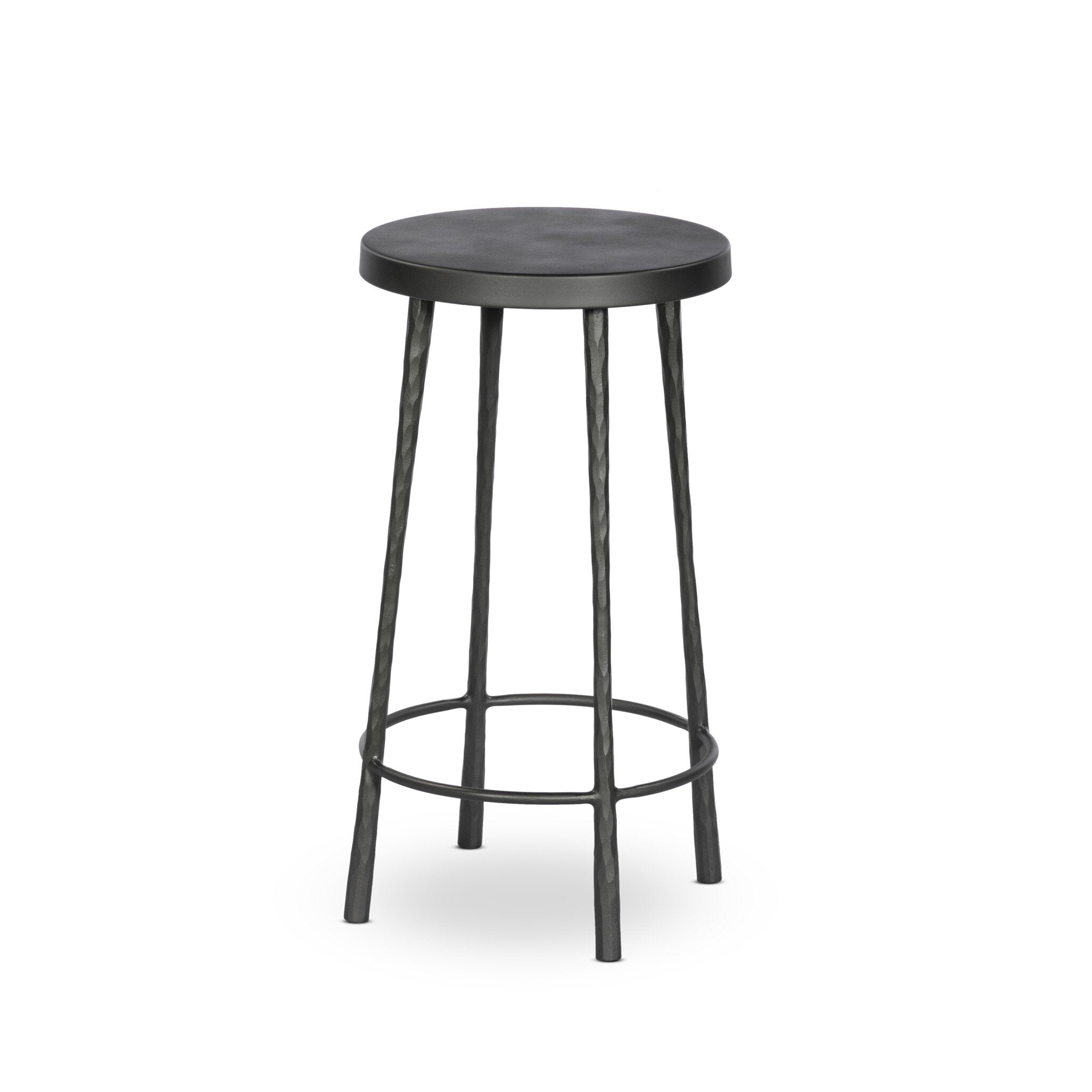 Black hammered iron counter stool on a white background