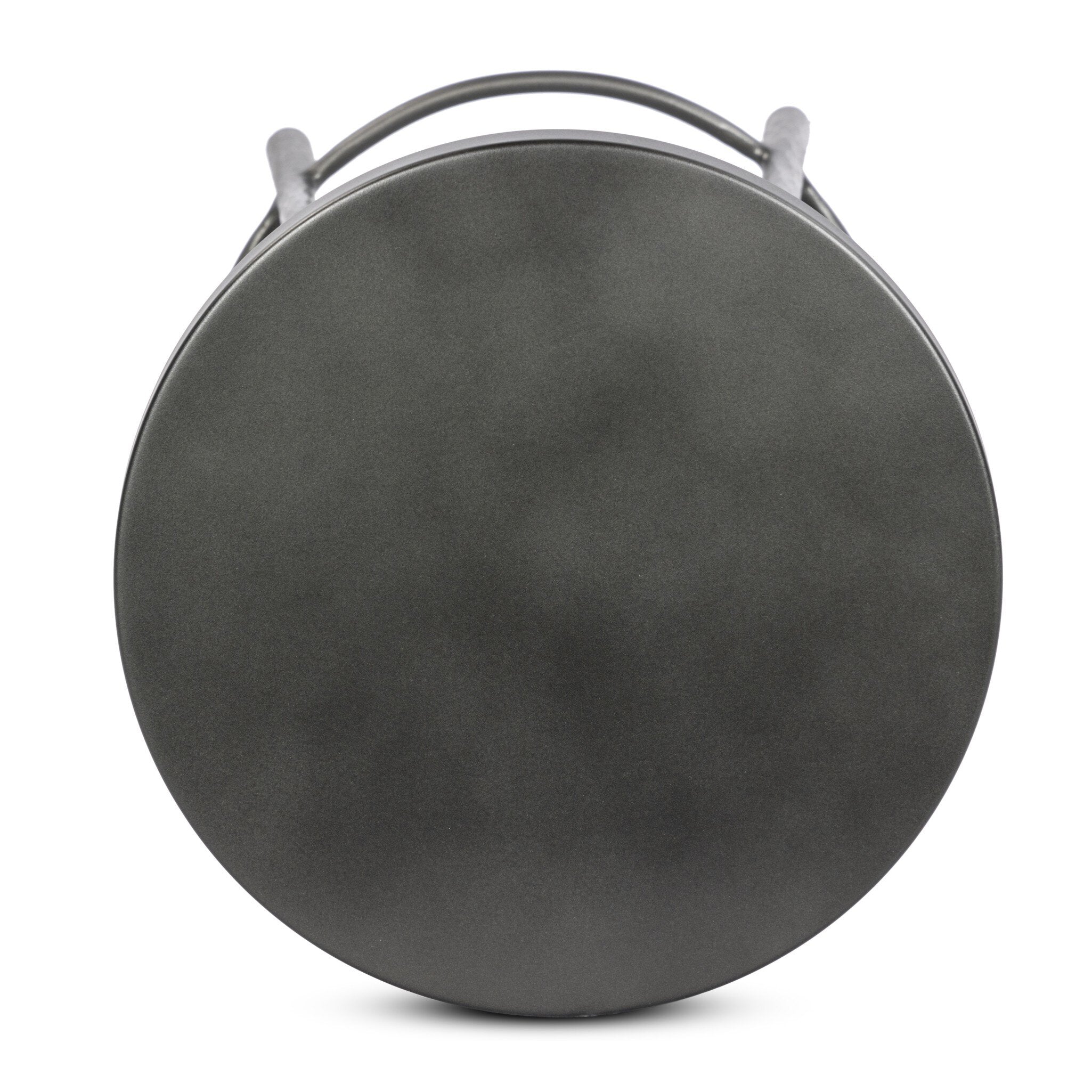 Round hammered iron black stool with handles on a white background