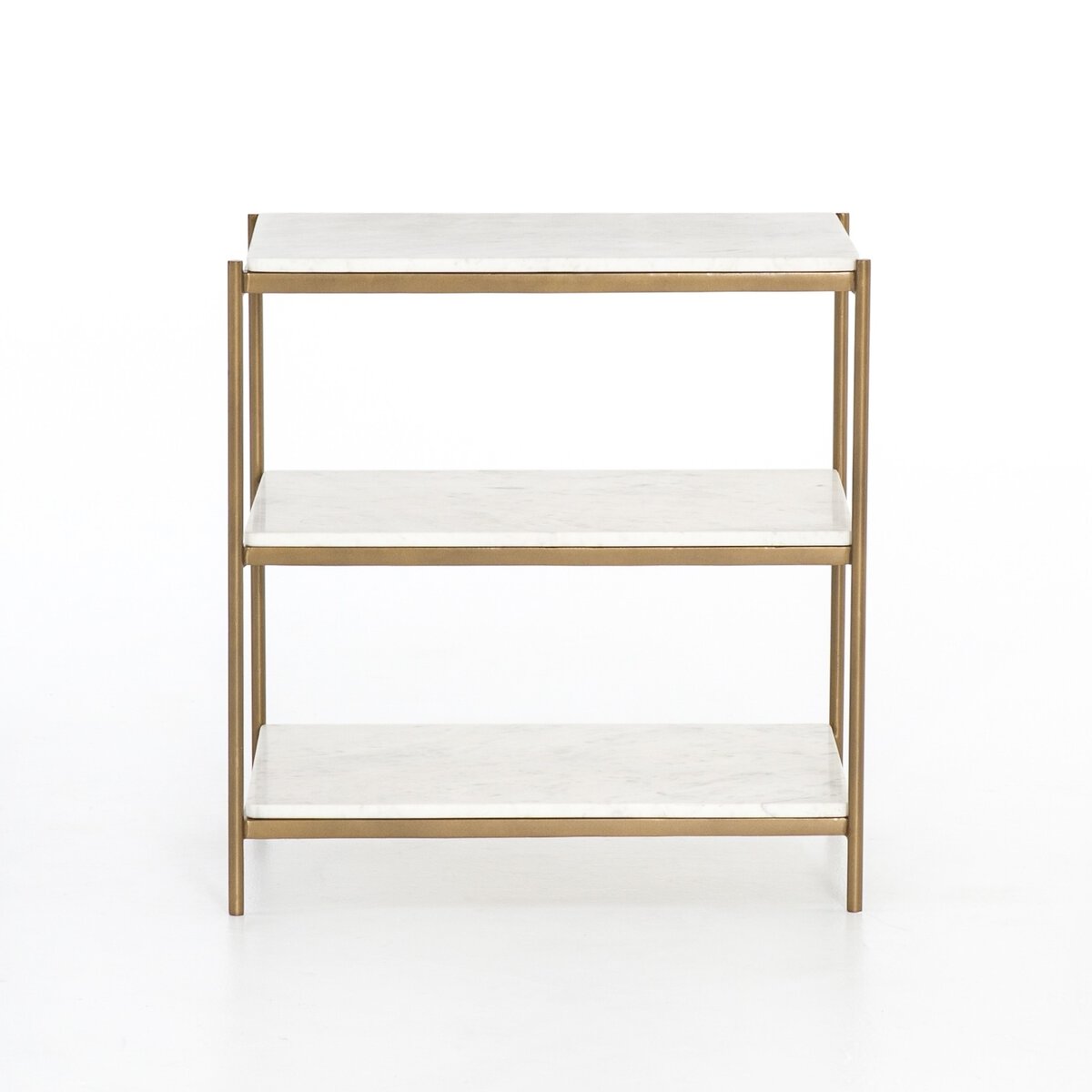 Two-tiered side table with marble top and gold frame on a white background