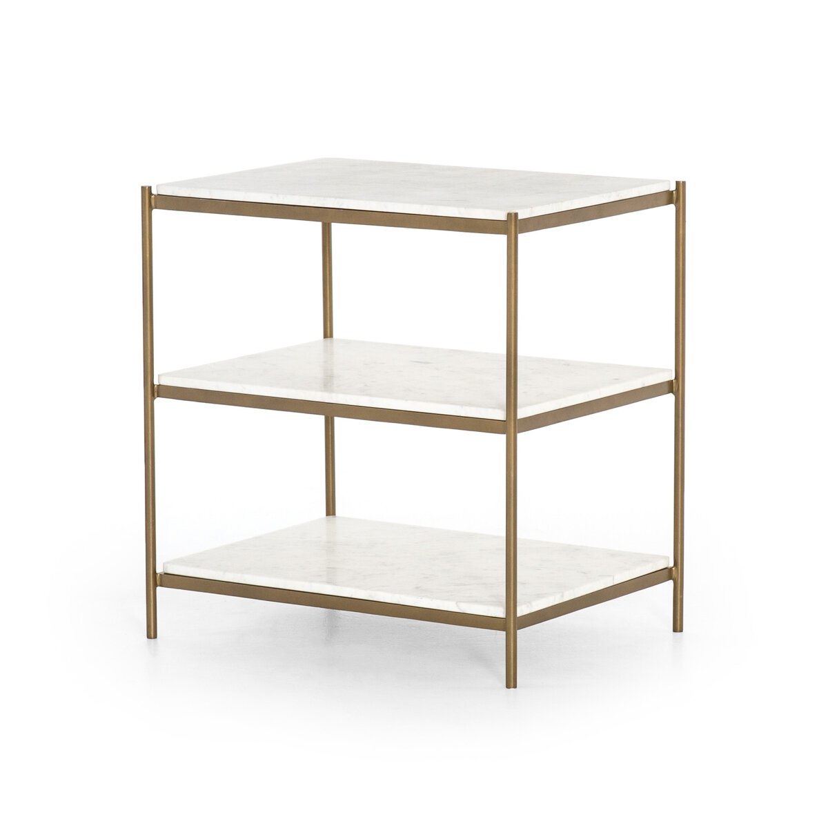 Three-tiered shelf with gold frame and white shelves on a white background