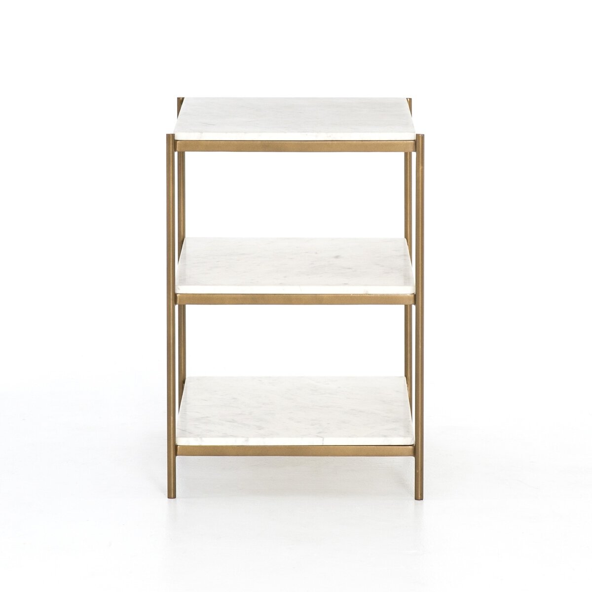 Three-tiered shelf with wooden frame and white shelves on a white background