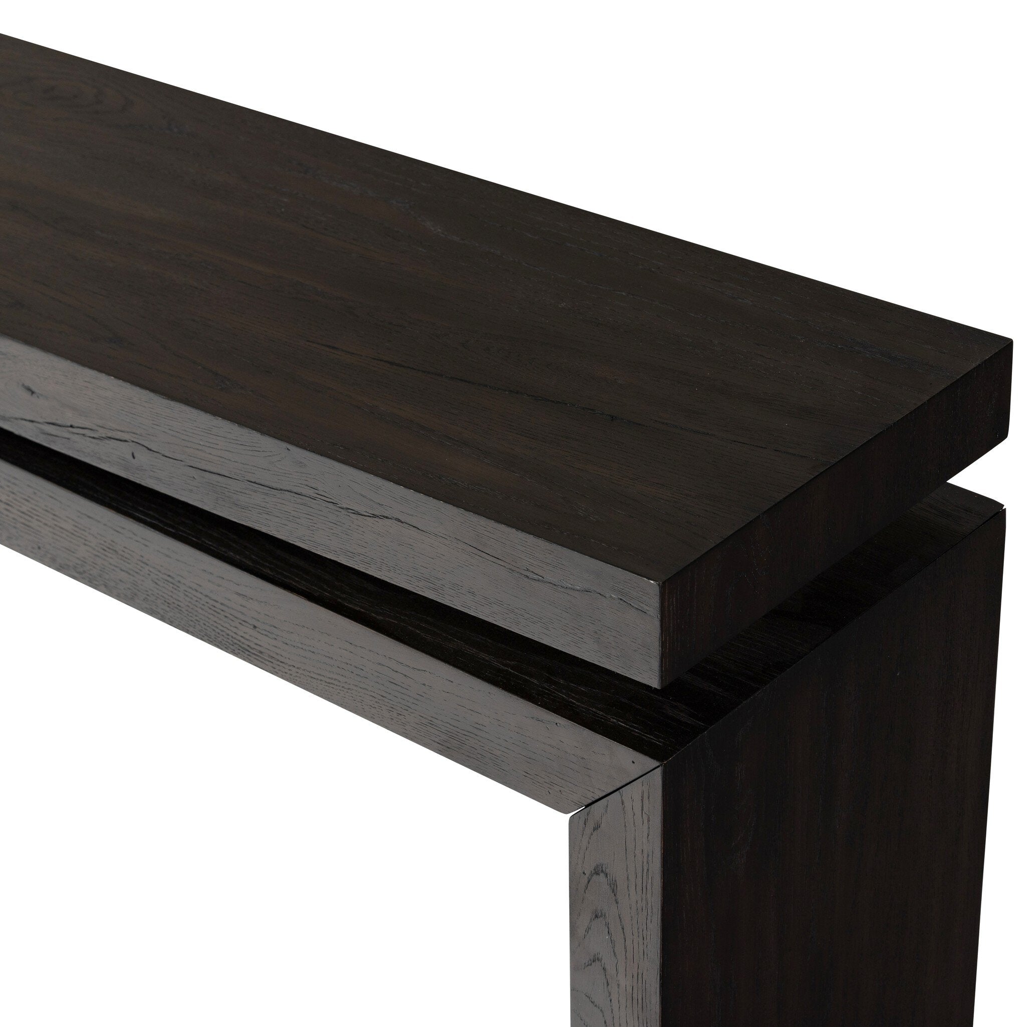 Dark wooden shelf with a white background
