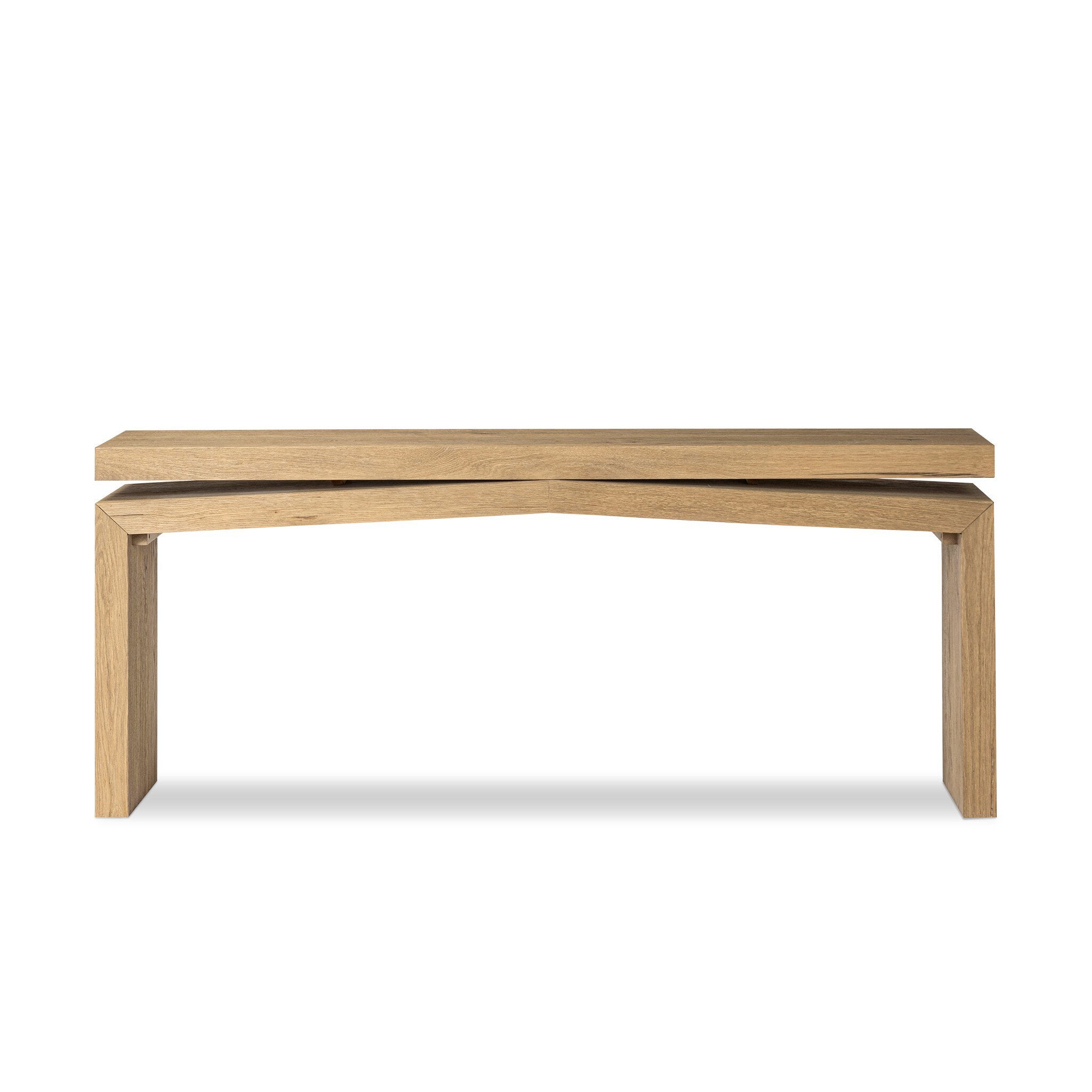 A rectangular oak veneer console table with a slightly angled base, positioned against a white background.