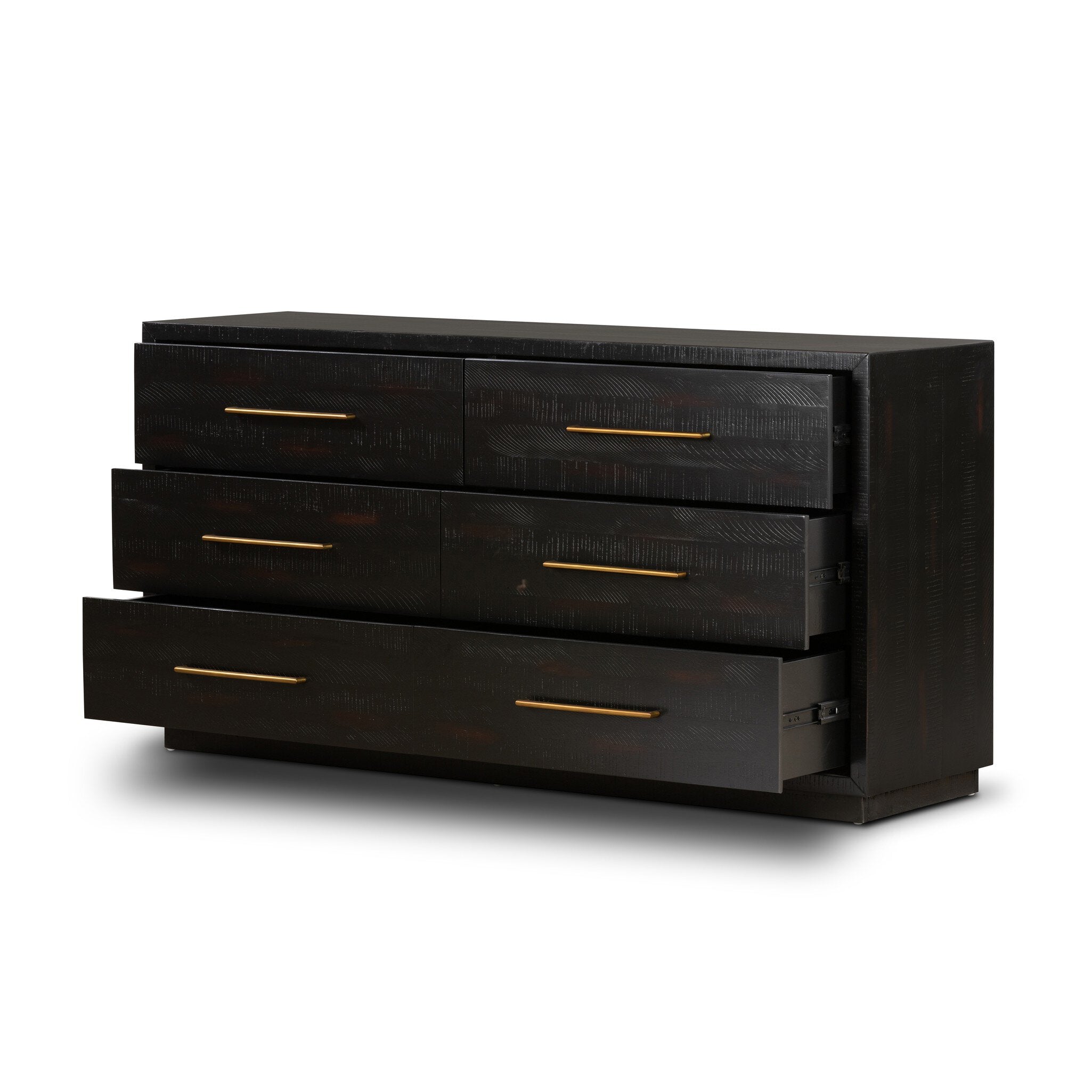 Black dresser with gold handles on a white background