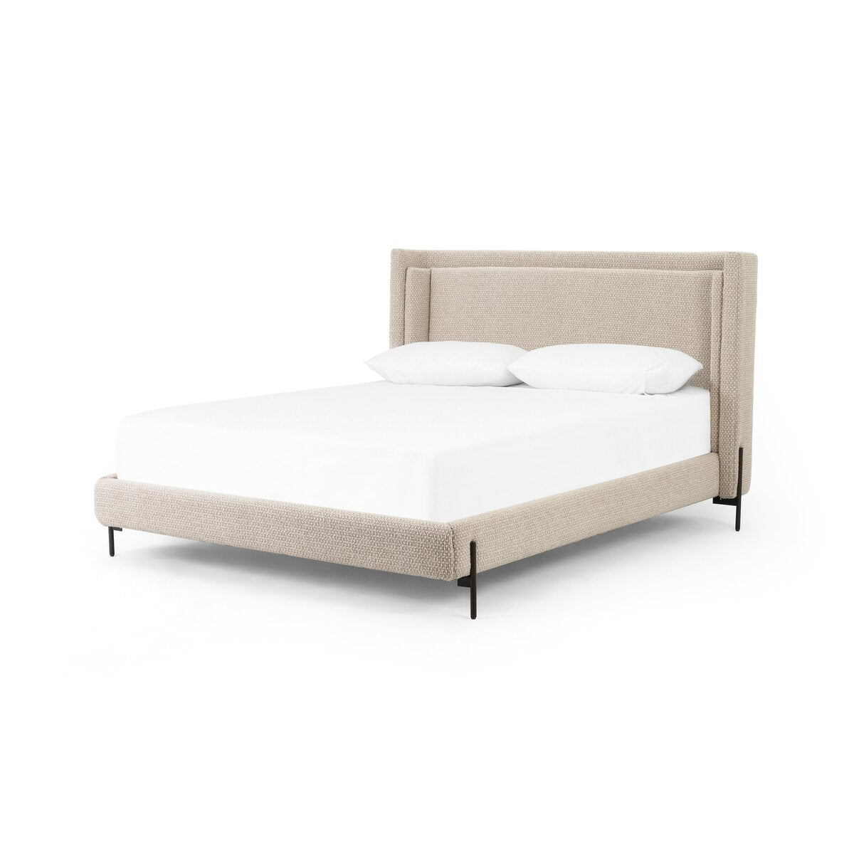 Beige upholstered bed frame and headboard on white background