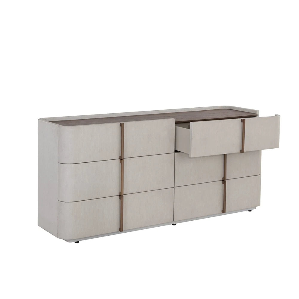 Modern dresser with multiple drawers on a white background