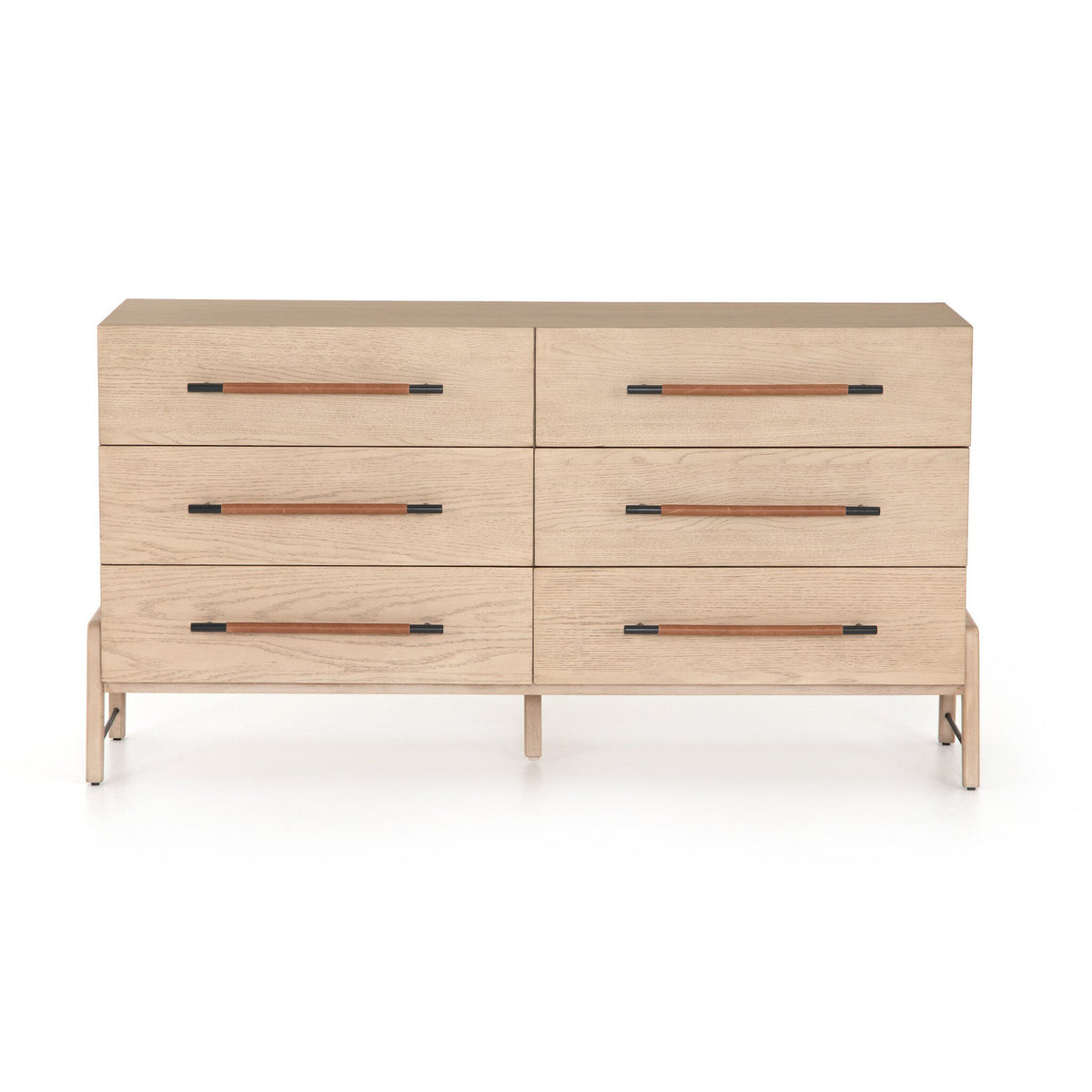 Wooden dresser with six drawers and leather handles on a white background