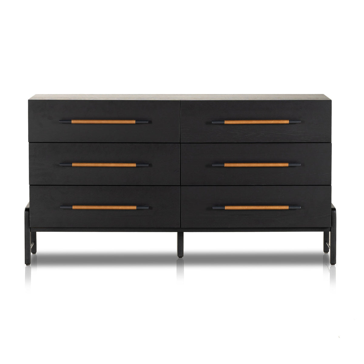 Black dresser with tan leather handles on a white background