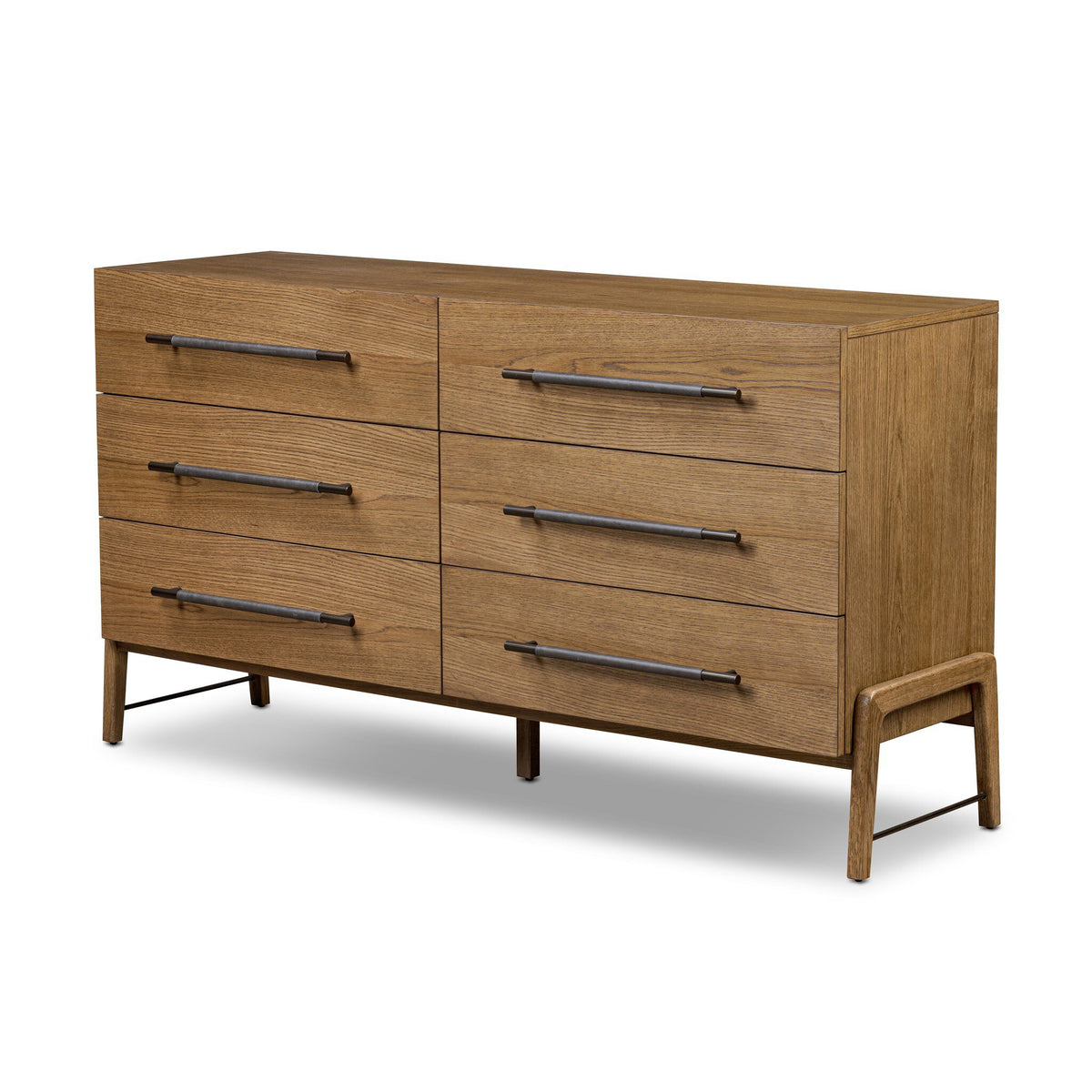 Wooden dresser with six drawers on a white background
