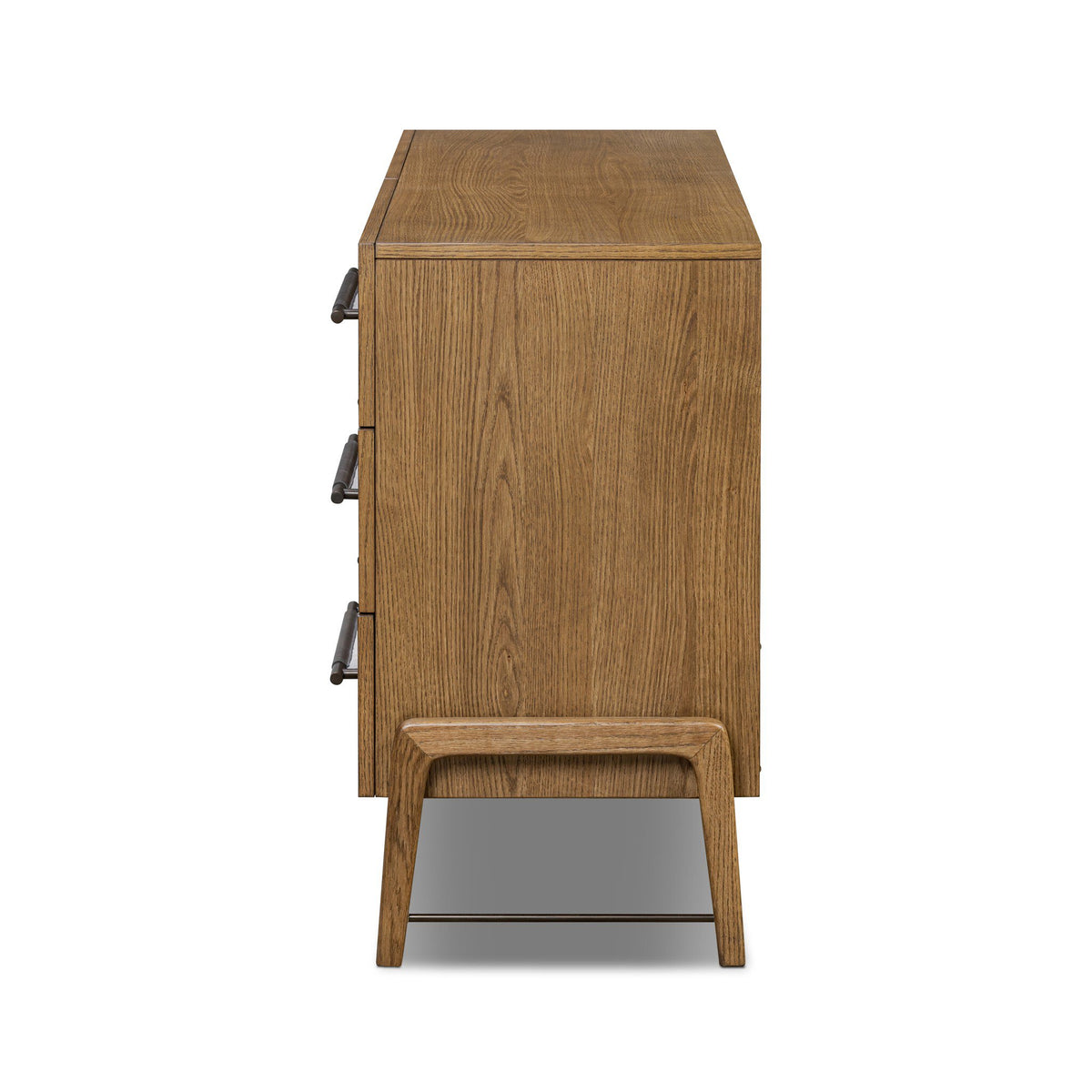 Wooden dresser with multiple drawers on a white background