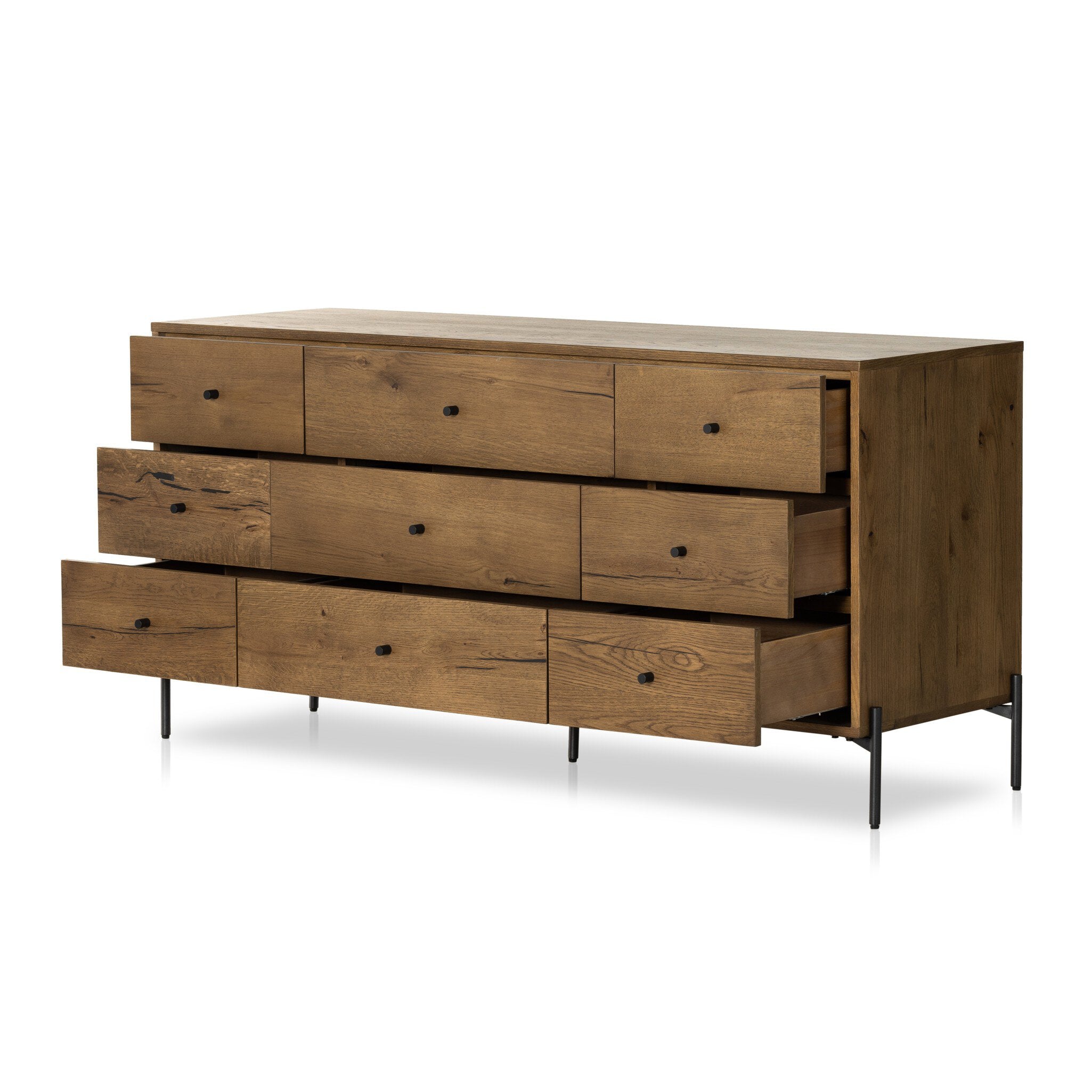 Wooden dresser with nine drawers on a white background