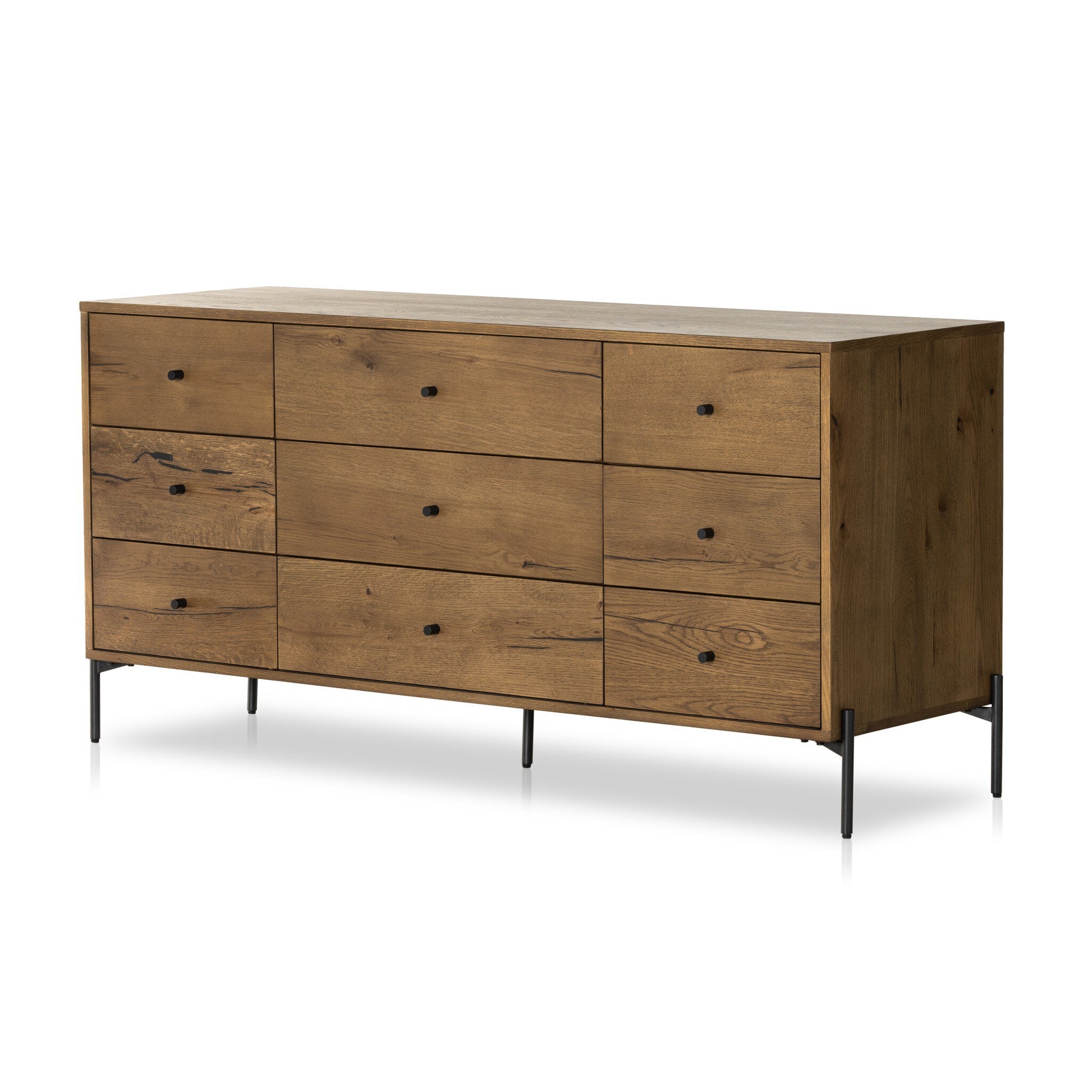 Wooden dresser with multiple drawers on a white background