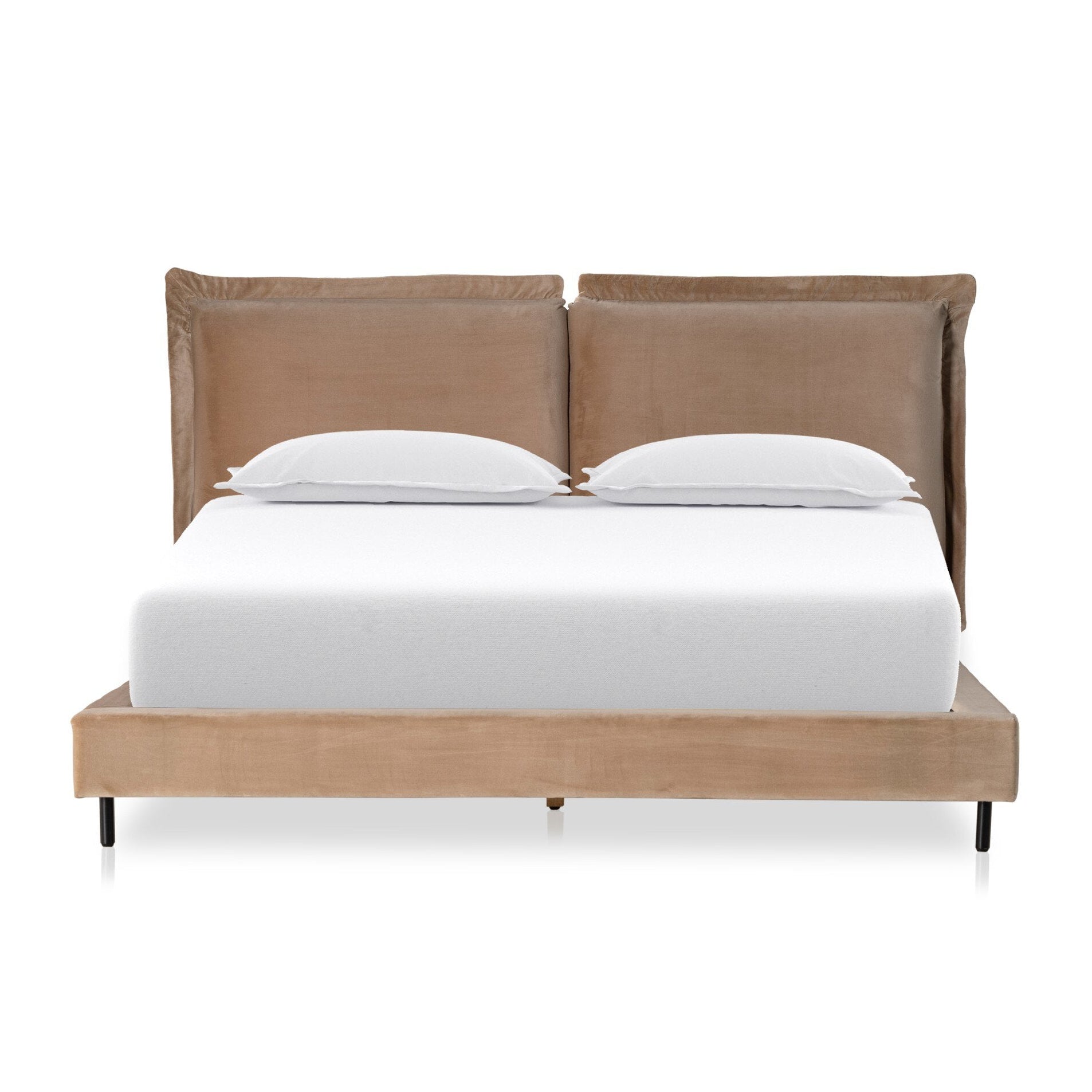 Bed with brown upholstered velvet headboard and white bedding on a white background
