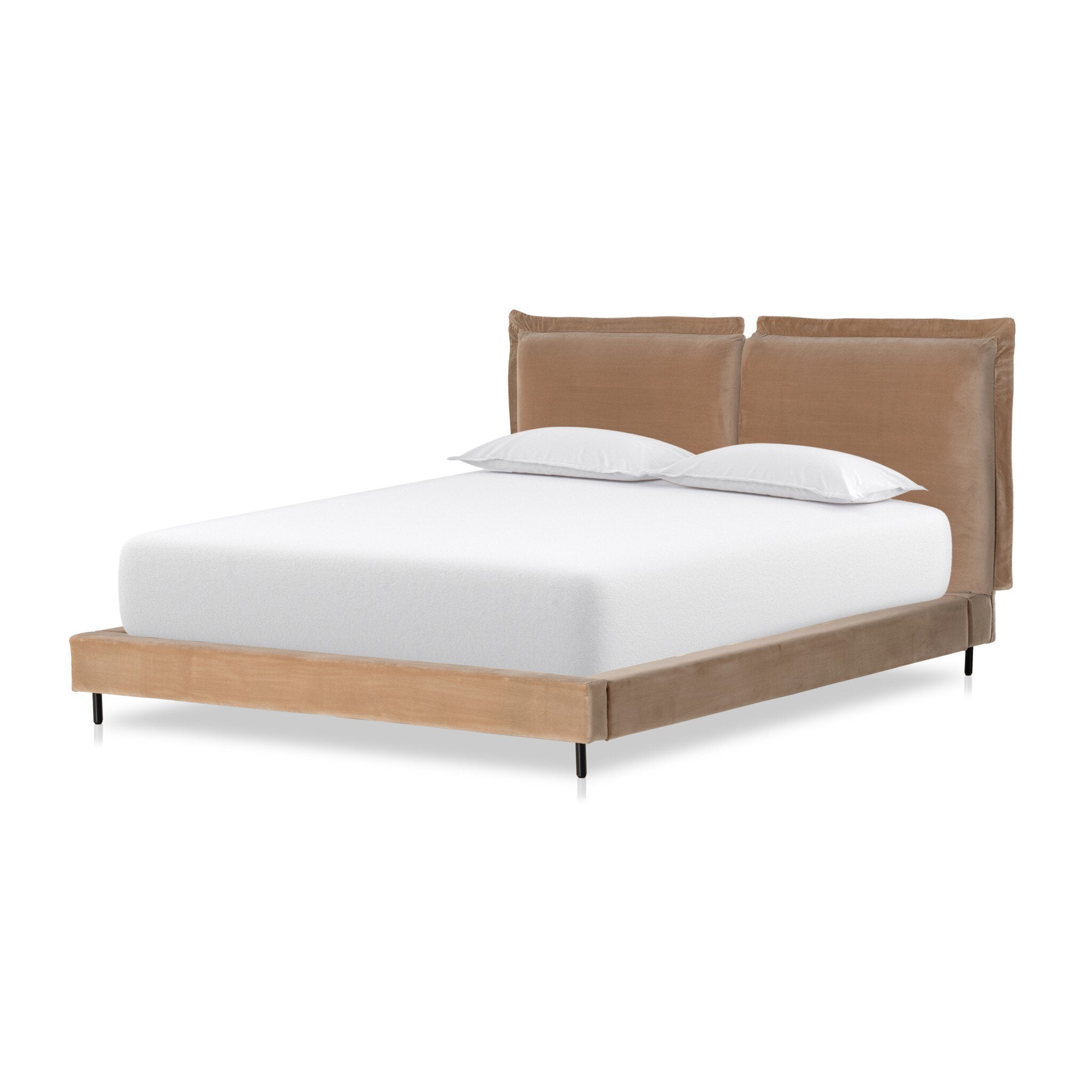 Bed with brown upholstered headboard and white bedding on a white background
