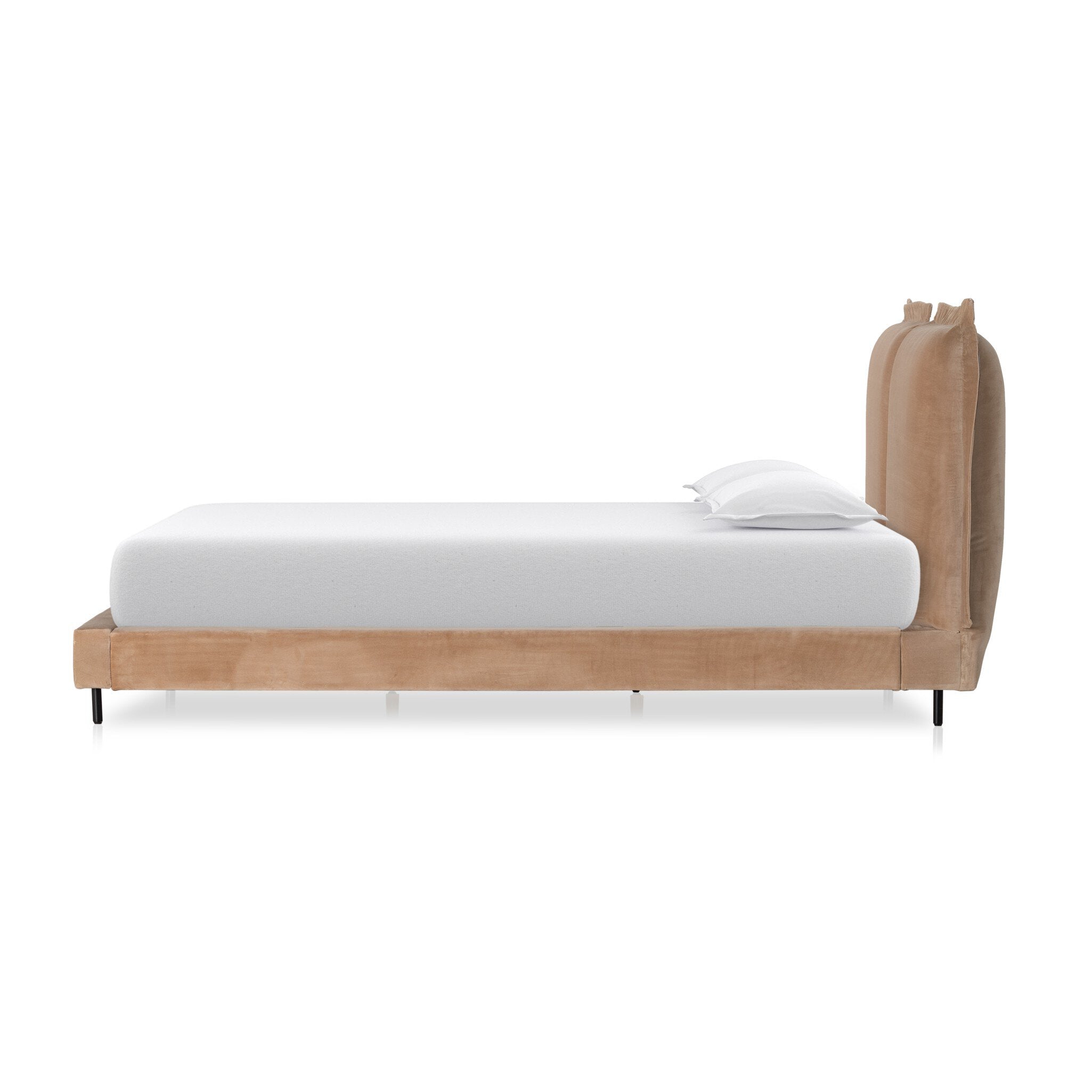 Wooden bed frame with a white mattress on a white background