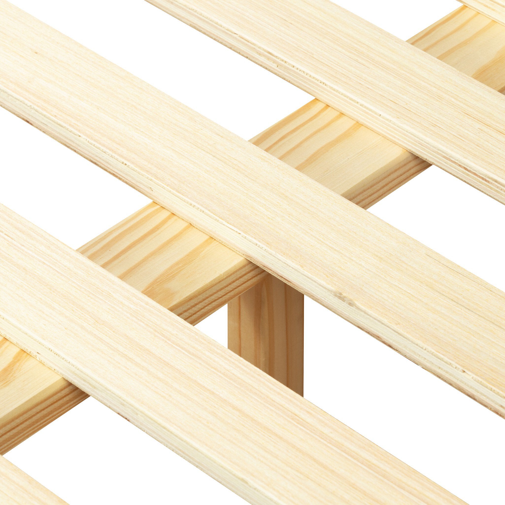 Close-up of wooden bed slats on a white background